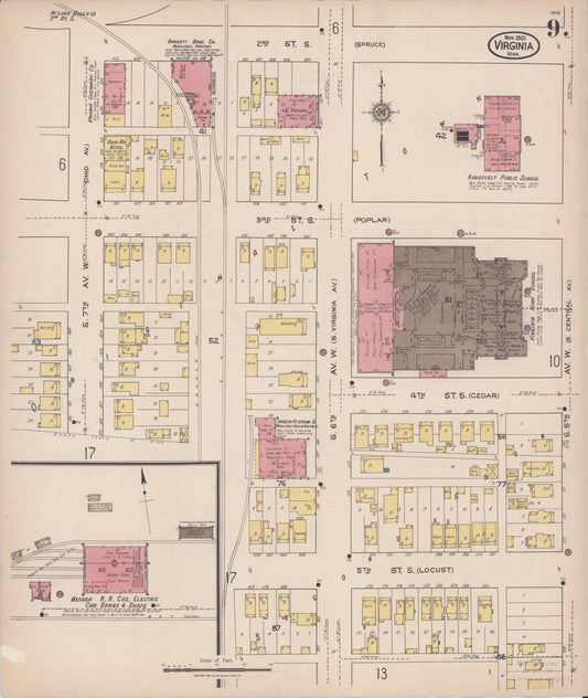 Sanborn Fire Insurance Map from Virginia, Saint Louis County, Minnesota (1921), Sheet #0009 - Historic Sanborn Fire Insurance Map Print, vintage old map wall art, antique decor, genealogy gift, Minnesota Minnesota map