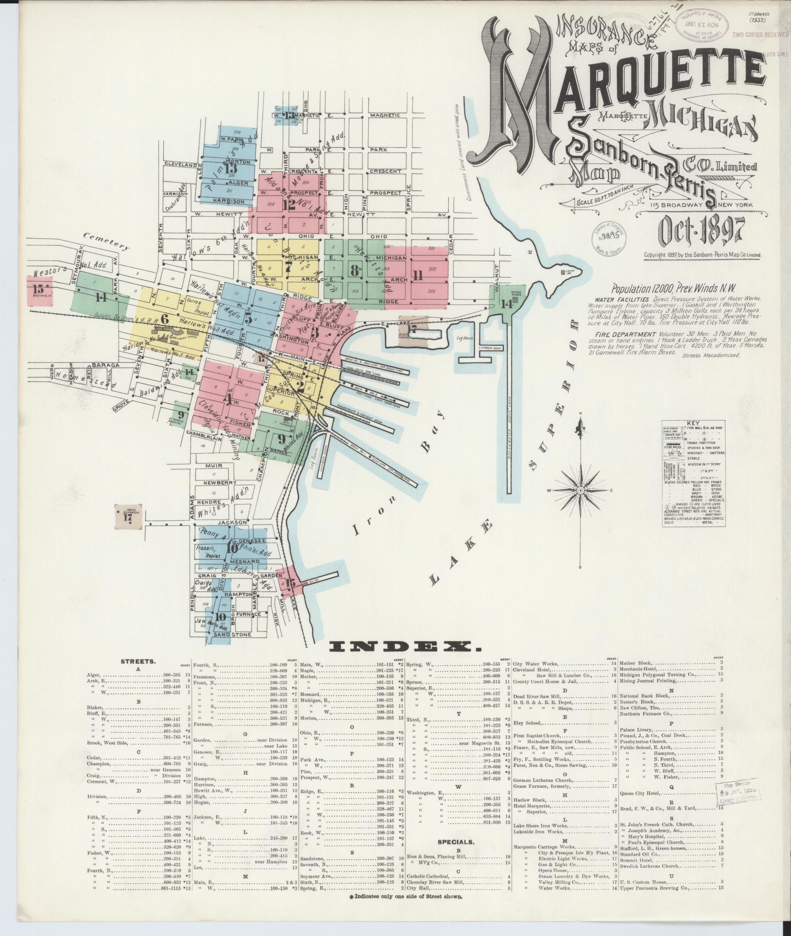 Sanborn Fire Insurance Map from Marquette, Marquette County, Michigan (1897), Sheet #0001 - Complete Map Set gallery image, historic Sanborn map, vintage wall art, Michigan Michigan