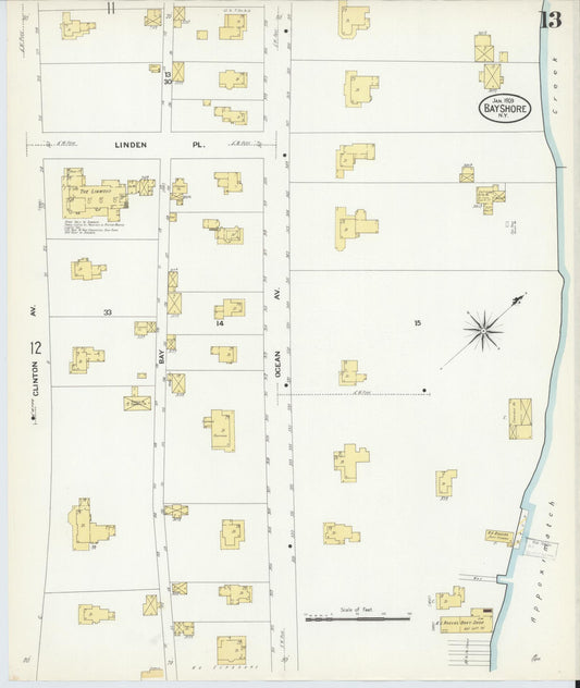 Sanborn Fire Insurance Map from Bay Shore, Suffolk County, New York (1909), Sheet #0013 - Historic Sanborn Fire Insurance Map Print, vintage old map wall art, antique decor, genealogy gift, New York New York map