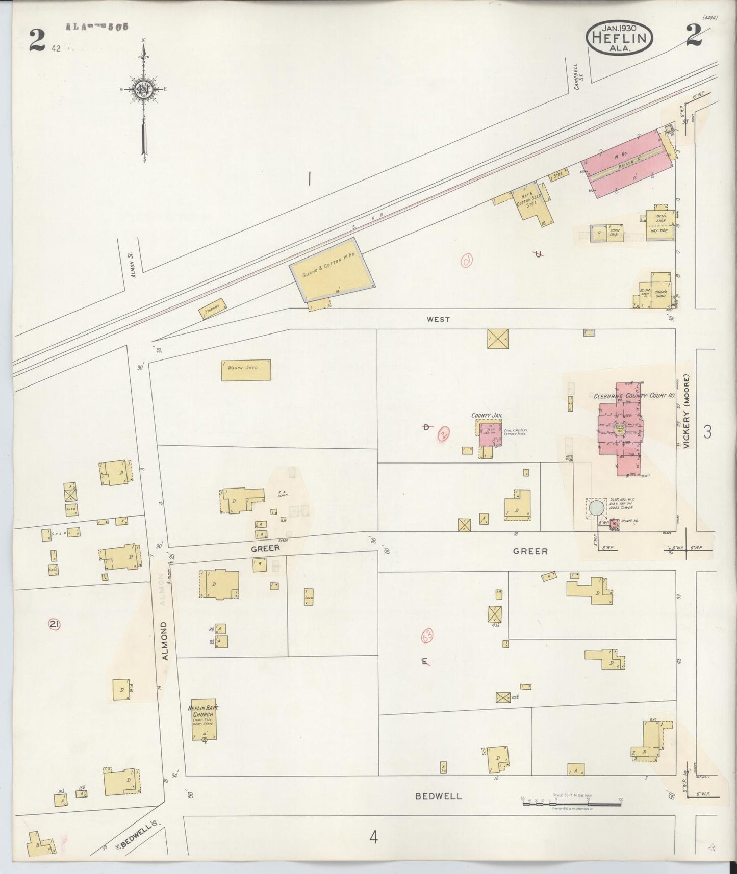 Sanborn Fire Insurance Map from Heflin, Cleburne County, Alabama (1940), Sheet #0002 - Complete Map Set gallery image, historic Sanborn map, vintage wall art, Alabama Alabama
