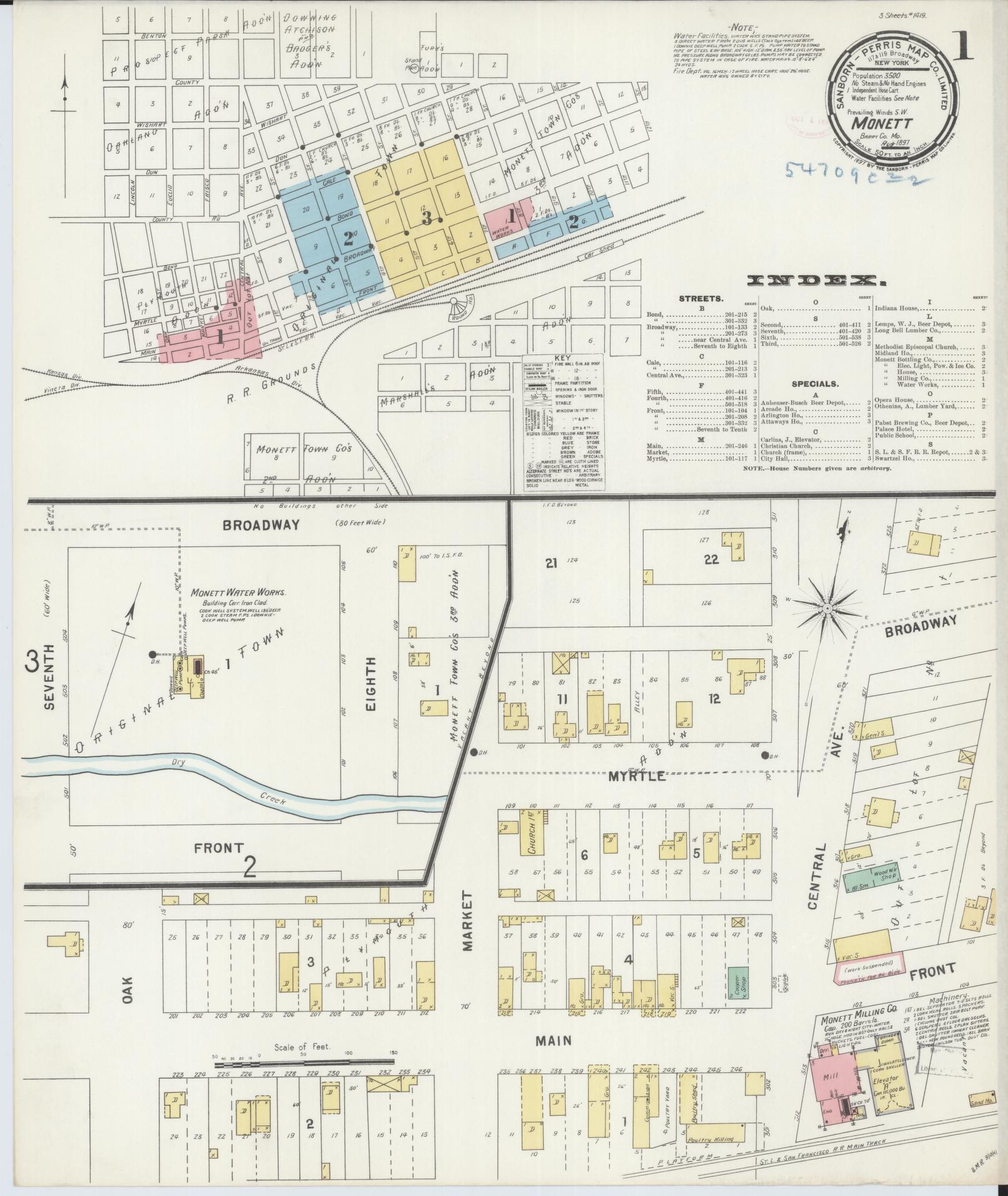 Sanborn Fire Insurance Map from Monett, Barry County, Missouri (1897), Sheet #0001 - Historic Sanborn Fire Insurance Map Print, vintage old map wall art, antique decor, genealogy gift, Missouri Missouri map