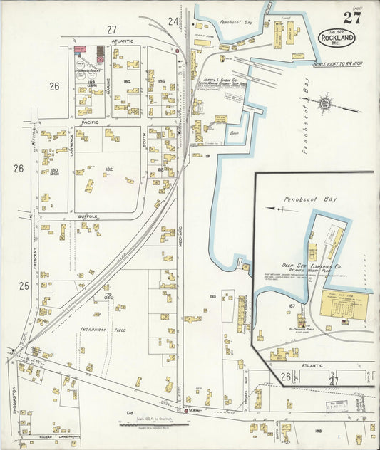 Sanborn Fire Insurance Map from Rockland, Knox County, Maine (1922), Sheet #0027 - Historic Sanborn Fire Insurance Map Print, vintage old map wall art, antique decor, genealogy gift, Maine Maine map