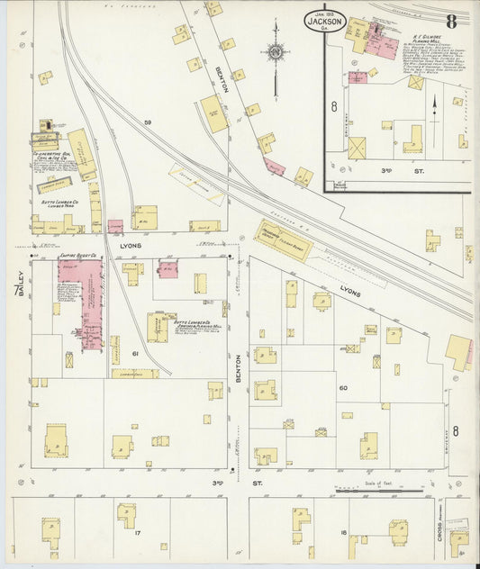 Sanborn Fire Insurance Map from Jackson, Butts County, Georgia (1913), Sheet #0008 - Historic Sanborn Fire Insurance Map Print, vintage old map wall art, antique decor, genealogy gift, Georgia Georgia map
