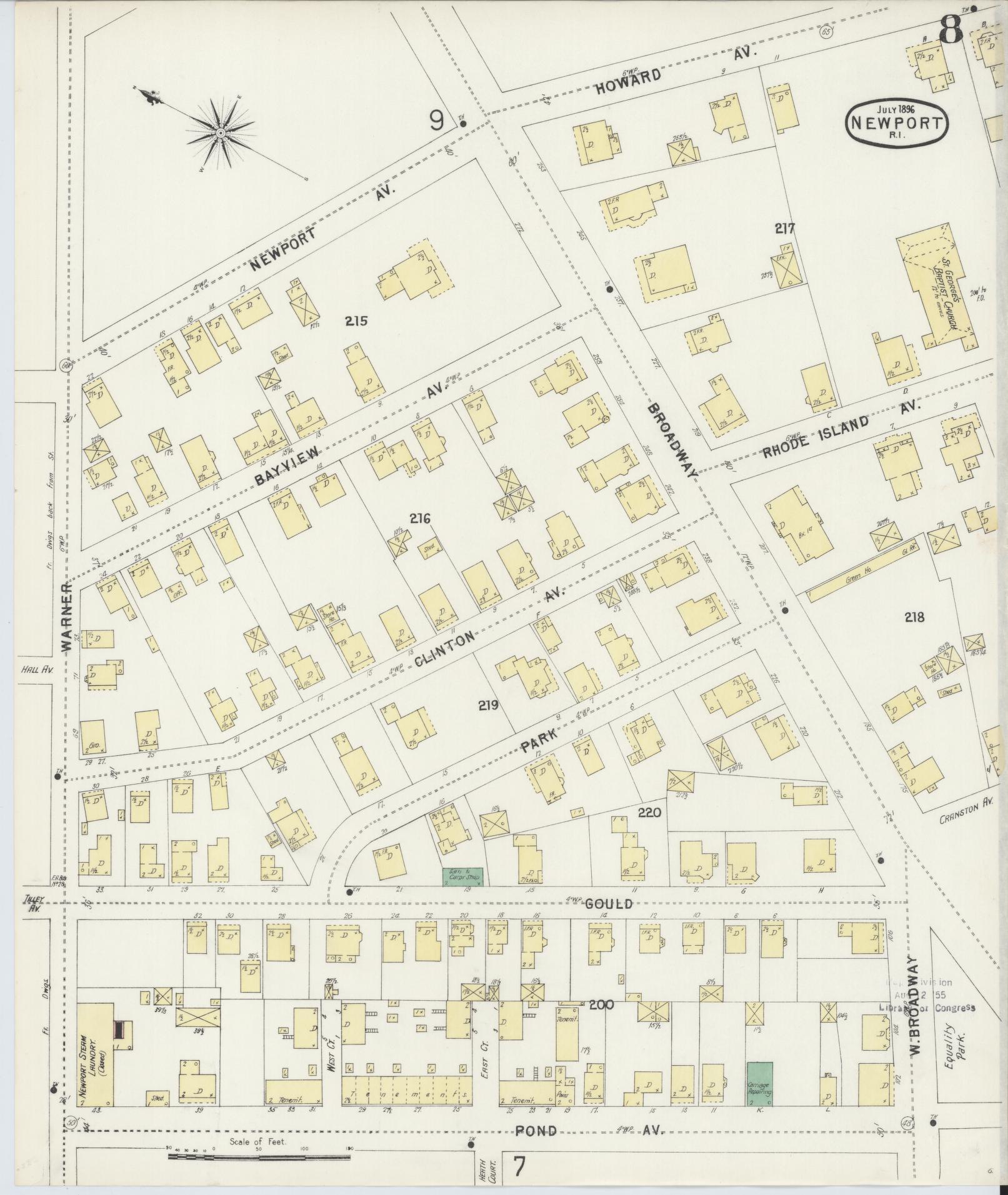 Sanborn Fire Insurance Map from Newport, Newport County, Rhode Island (1896), Sheet #0008 - Historic Sanborn Fire Insurance Map Print, vintage old map wall art, antique decor, genealogy gift, Rhode Island Rhode Island map