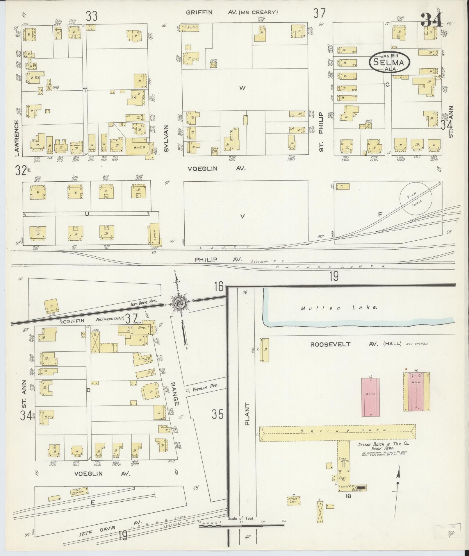 Sanborn Fire Insurance Map from Selma, Dallas County, Alabama (1913), Sheet #0034 - Complete Map Set gallery image, historic Sanborn map, vintage wall art, Alabama Alabama