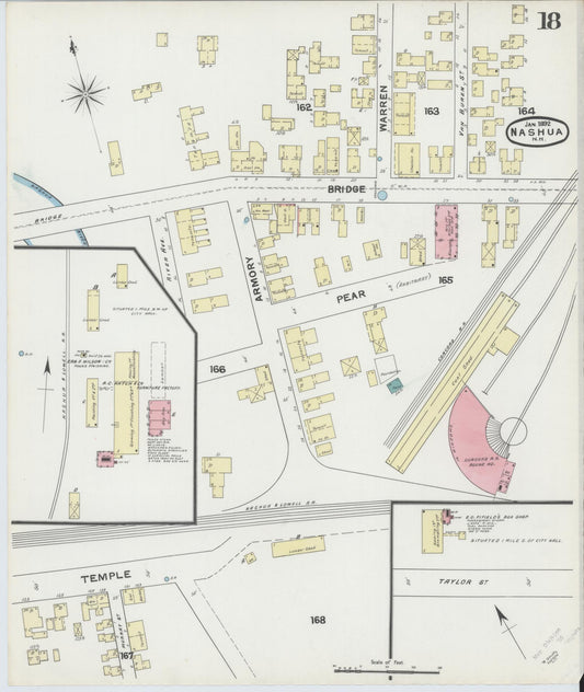 Sanborn Fire Insurance Map from Nashua, Hillsborough County, New Hampshire (1892), Sheet #0018 - Historic Sanborn Fire Insurance Map Print, vintage old map wall art, antique decor, genealogy gift, New Hampshire New Hampshire map