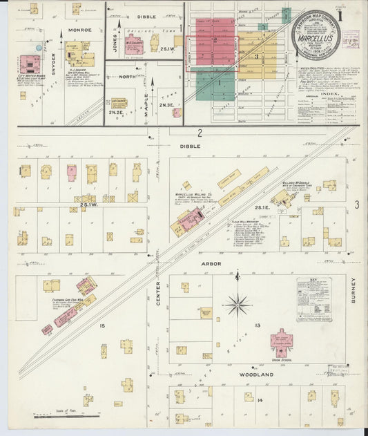 Sanborn Fire Insurance Map from Marcellus, Cass County, Michigan (1908), Sheet #0001 - Historic Sanborn Fire Insurance Map Print, vintage old map wall art, antique decor, genealogy gift, Michigan Michigan map