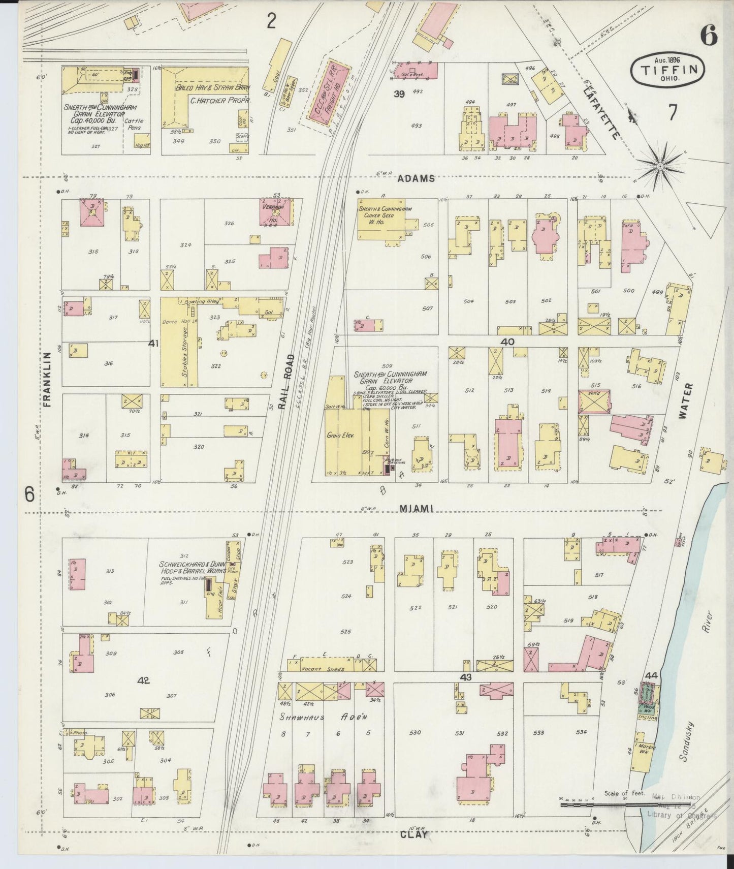 Sanborn Fire Insurance Map from Tiffin, Seneca County, Ohio (1896), Sheet #0006 - Historic Sanborn Fire Insurance Map Print, vintage old map wall art, antique decor, genealogy gift, Ohio Ohio map