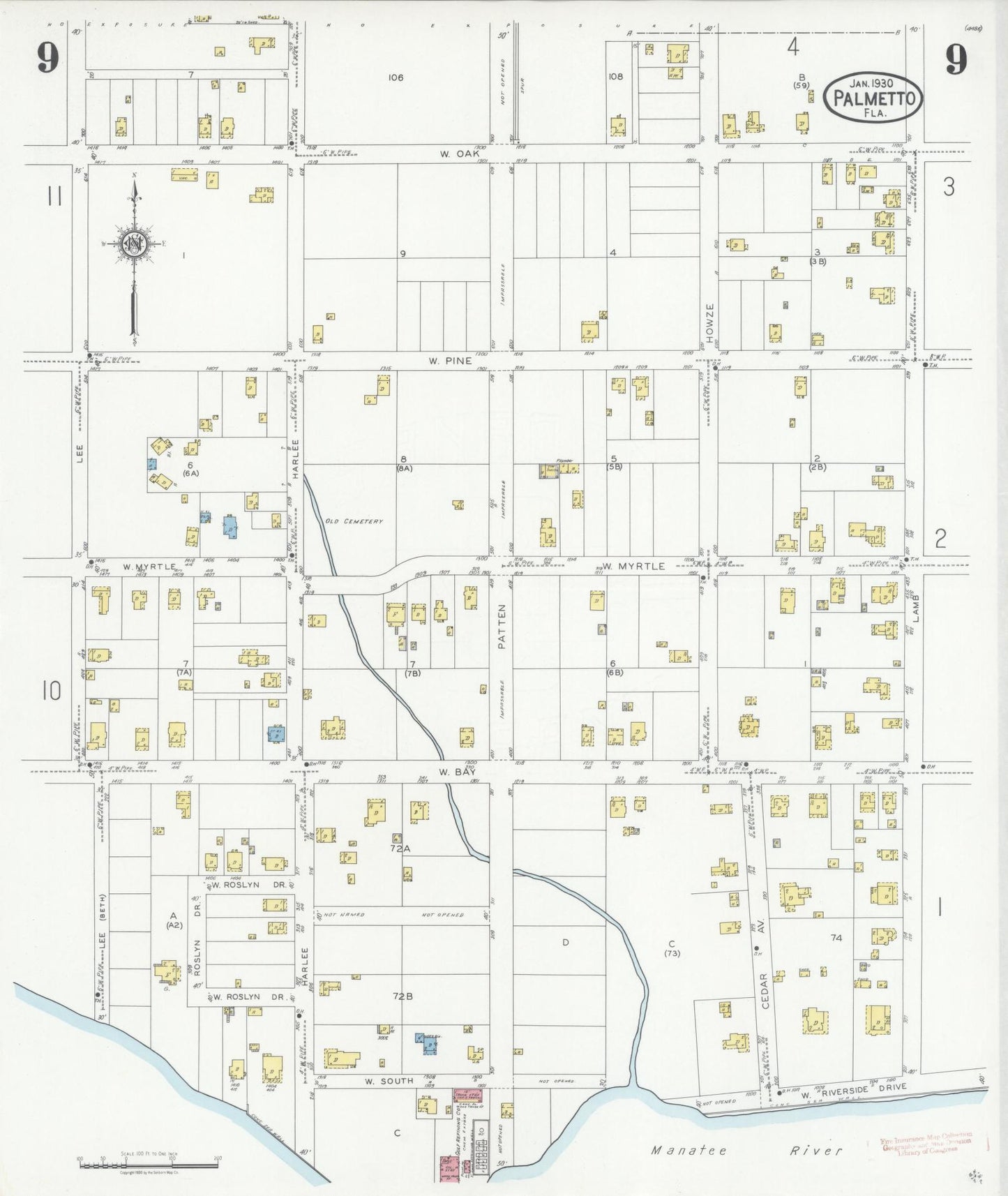 Sanborn Fire Insurance Map from Palmetto, Manatee County, Florida (1930), Sheet #0009 - Complete Map Set gallery image, historic Sanborn map, vintage wall art, Florida Florida