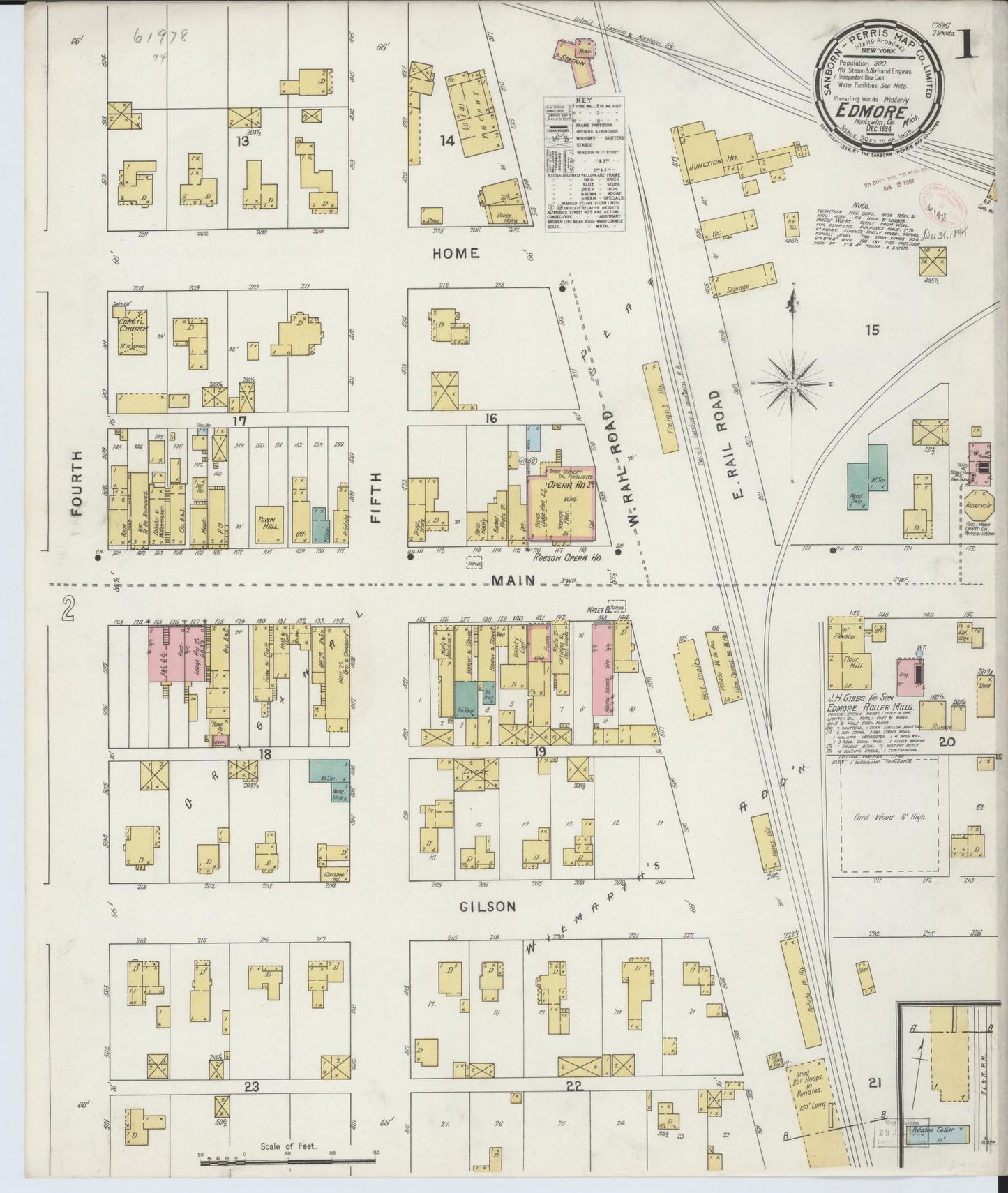 Sanborn Fire Insurance Map from Edmore, Montcalm County, Michigan (1894), Sheet #0001 - Historic Sanborn Fire Insurance Map Print, vintage old map wall art, antique decor, genealogy gift, Michigan Michigan map