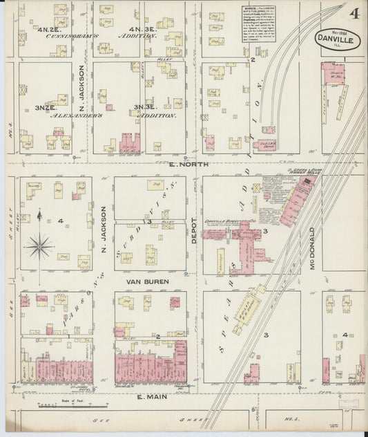 Sanborn Fire Insurance Map from Danville, Vermilion County, Illinois (1884), Sheet #0004 - Historic Sanborn Fire Insurance Map Print, vintage old map wall art, antique decor, genealogy gift, Illinois Illinois map