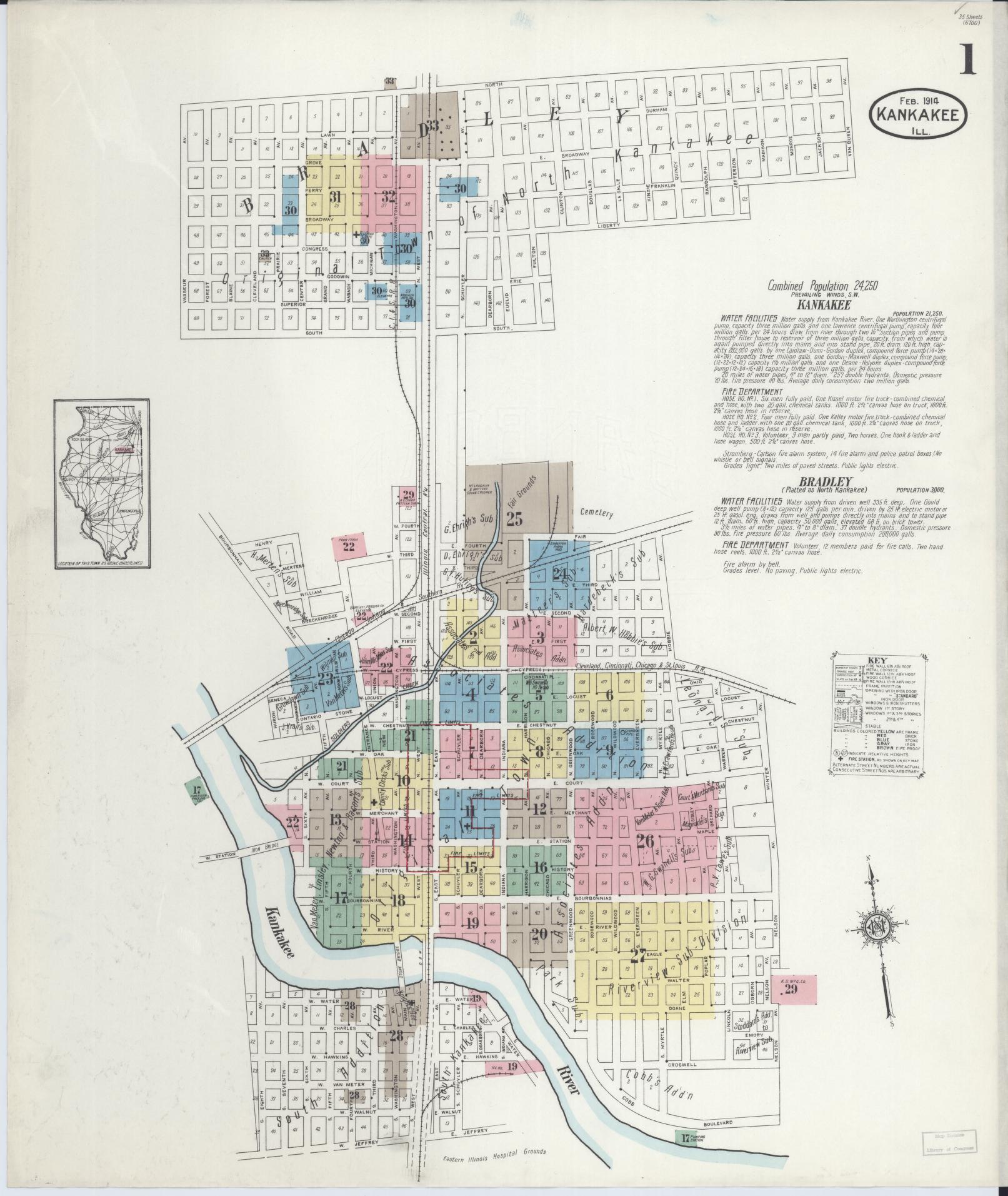 Sanborn Fire Insurance Map from Kankakee, Kankakee County, Illinois (1914), Sheet #0001 - Historic Sanborn Fire Insurance Map Print, vintage old map wall art, antique decor, genealogy gift, Illinois Illinois map