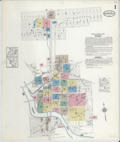 Sanborn Fire Insurance Map from Kankakee, Kankakee County, Illinois (1914), Sheet #0001 - Historic Sanborn Fire Insurance Map Print, vintage old map wall art, antique decor, genealogy gift, Illinois Illinois map