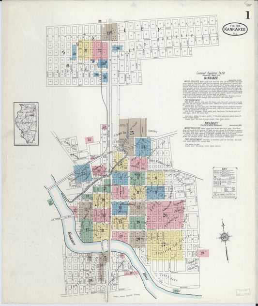 Sanborn Fire Insurance Map from Kankakee, Kankakee County, Illinois (1914), Sheet #0001 - Historic Sanborn Fire Insurance Map Print, vintage old map wall art, antique decor, genealogy gift, Illinois Illinois map