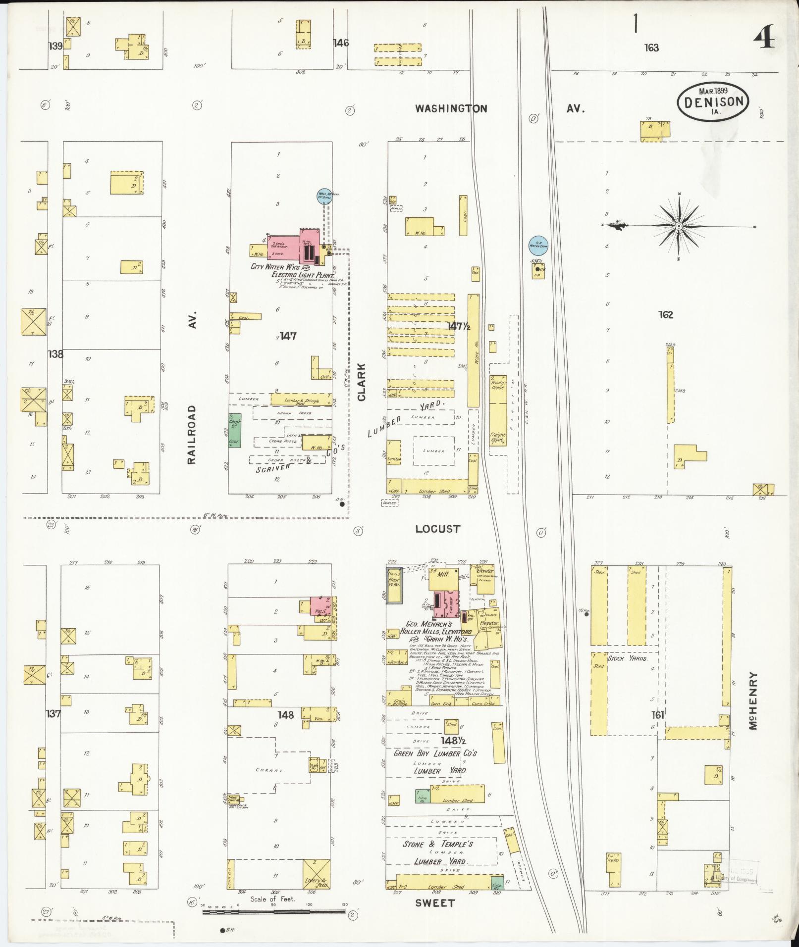 Sanborn Fire Insurance Map from Denison, Crawford County, Iowa (1899), Sheet #0004 - Historic Sanborn Fire Insurance Map Print, vintage old map wall art