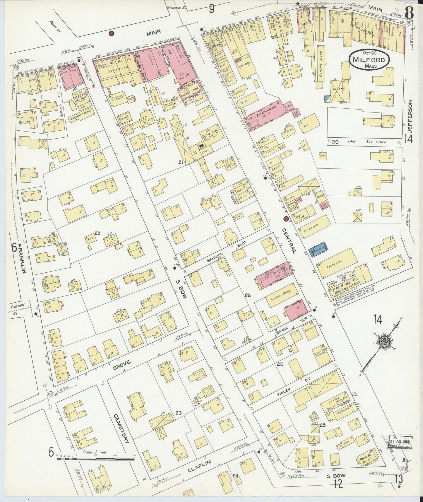 Sanborn Fire Insurance Map from Milford, Worcester County, Massachusetts (1910), Sheet #0008 - Historic Sanborn Fire Insurance Map Print, vintage old map wall art, antique decor, genealogy gift, Massachusetts Massachusetts map
