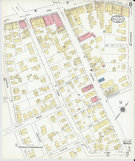 Sanborn Fire Insurance Map from Milford, Worcester County, Massachusetts (1910), Sheet #0008 - Historic Sanborn Fire Insurance Map Print, vintage old map wall art, antique decor, genealogy gift, Massachusetts Massachusetts map