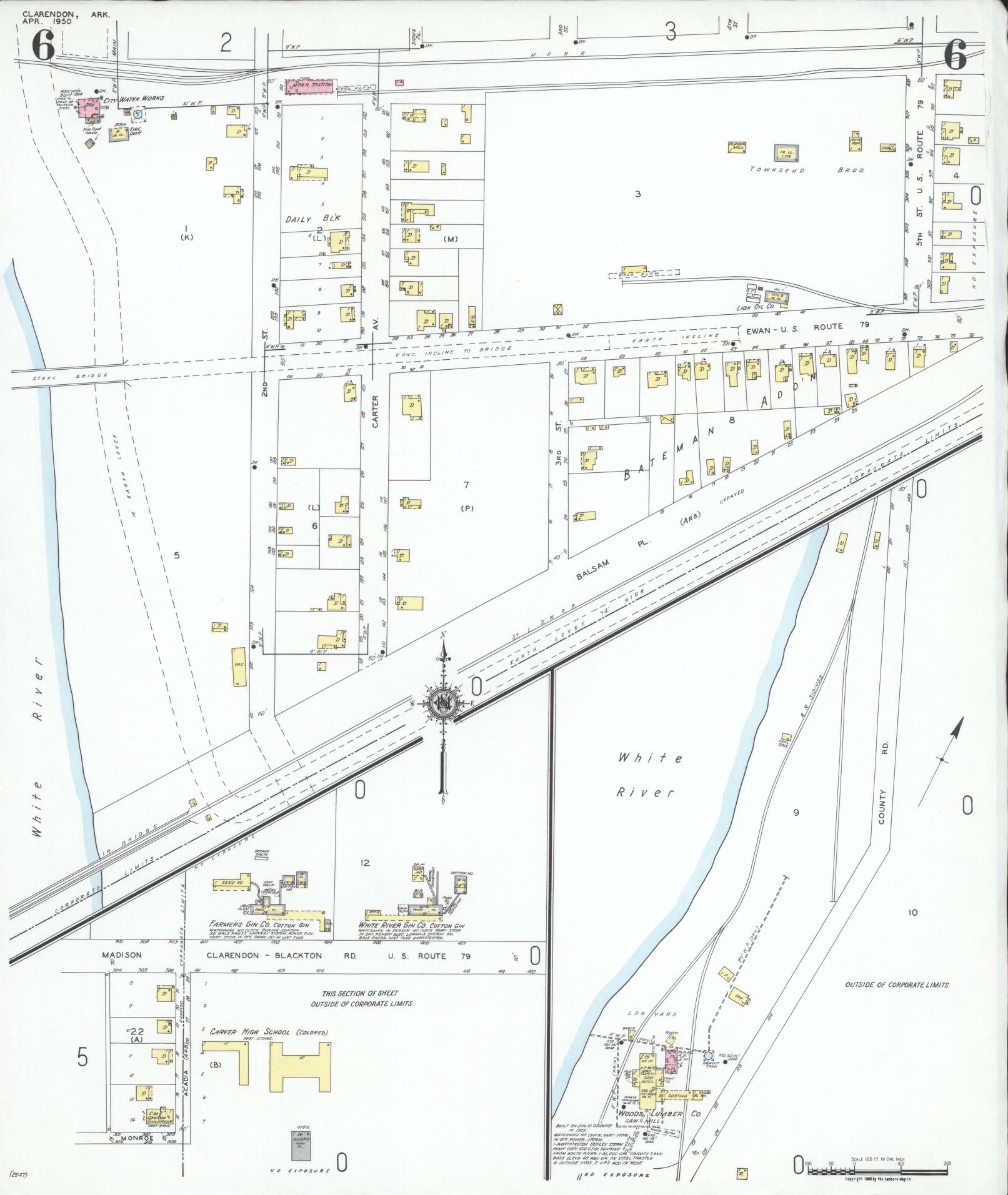 Sanborn Fire Insurance Map from Clarendon, Monroe County, Arkansas (1950), Sheet #0006 - Complete Map Set gallery image, historic Sanborn map, vintage wall art, Arkansas Arkansas