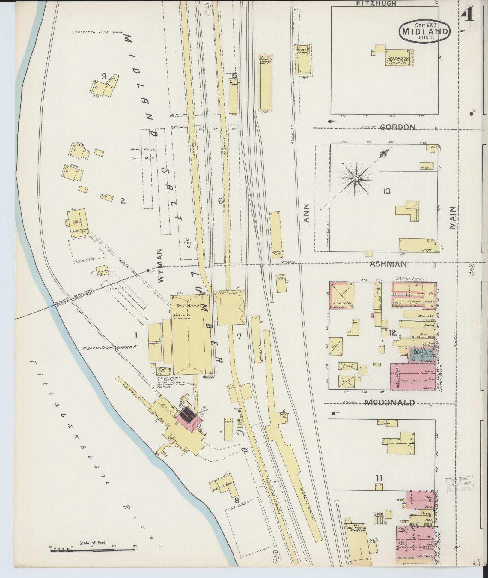 Sanborn Fire Insurance Map from Midland, Midland County, Michigan (1893), Sheet #0004 - Complete Map Set gallery image, historic Sanborn map, vintage wall art, Michigan Michigan