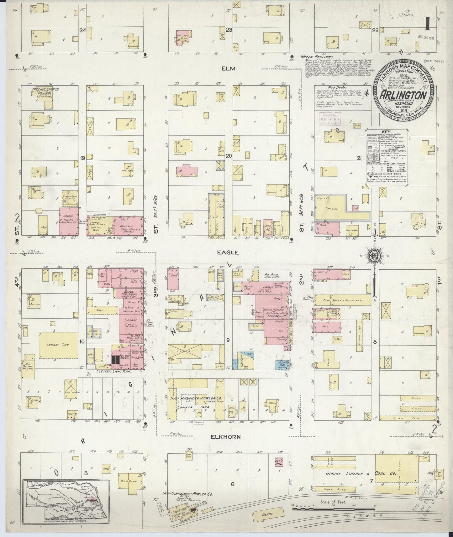 Sanborn Fire Insurance Map from Arlington, Washington County, Nebraska (1914), Sheet #0001 - Complete Map Set gallery image, historic Sanborn map, vintage wall art, Nebraska Nebraska