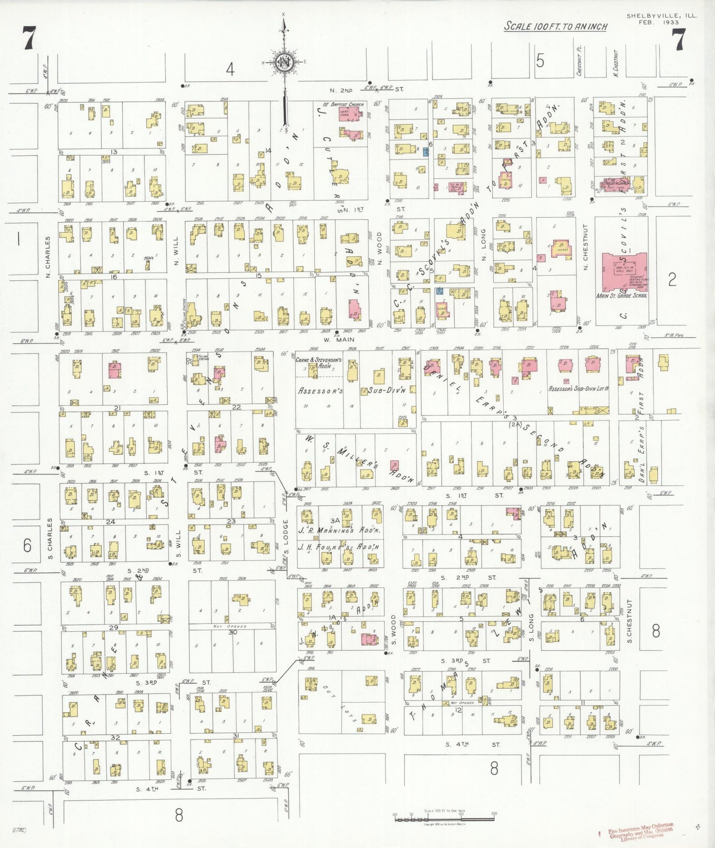 Sanborn Fire Insurance Map from Shelbyville, Shelby County, Illinois (1933), Sheet #0007 - Complete Map Set gallery image, historic Sanborn map, vintage wall art, Illinois Illinois