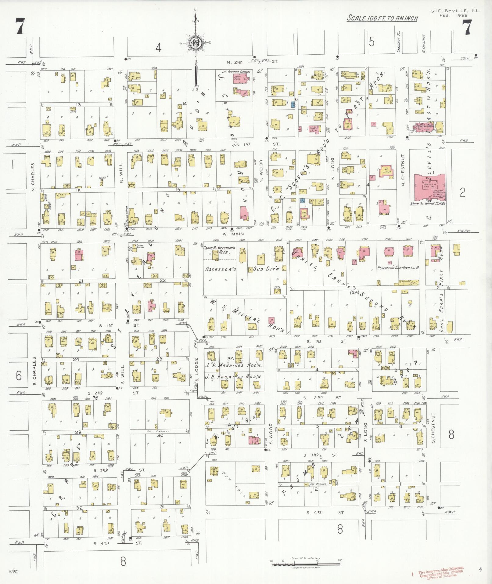Sanborn Fire Insurance Map from Shelbyville, Shelby County, Illinois (1933), Sheet #0007 - Complete Map Set gallery image, historic Sanborn map, vintage wall art, Illinois Illinois