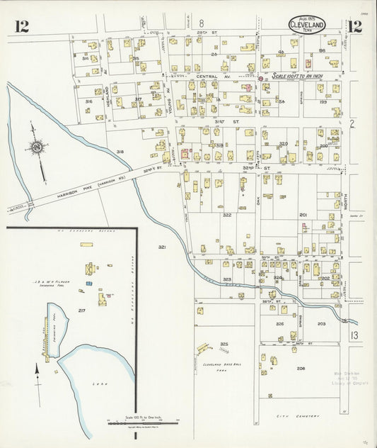 Sanborn Fire Insurance Map from Cleveland, Bradley County, Tennessee (1925), Sheet #0012 - Historic Sanborn Fire Insurance Map Print, vintage old map wall art, antique decor, genealogy gift, Tennessee Tennessee map