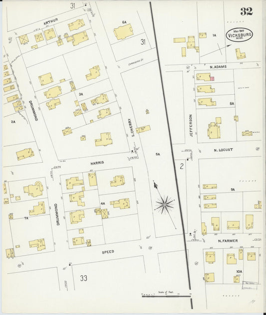 Sanborn Fire Insurance Map from Vicksburg, Warren County, Mississippi (1907), Sheet #0032 - Historic Sanborn Fire Insurance Map Print, vintage old map wall art, antique decor, genealogy gift, Mississippi Mississippi map
