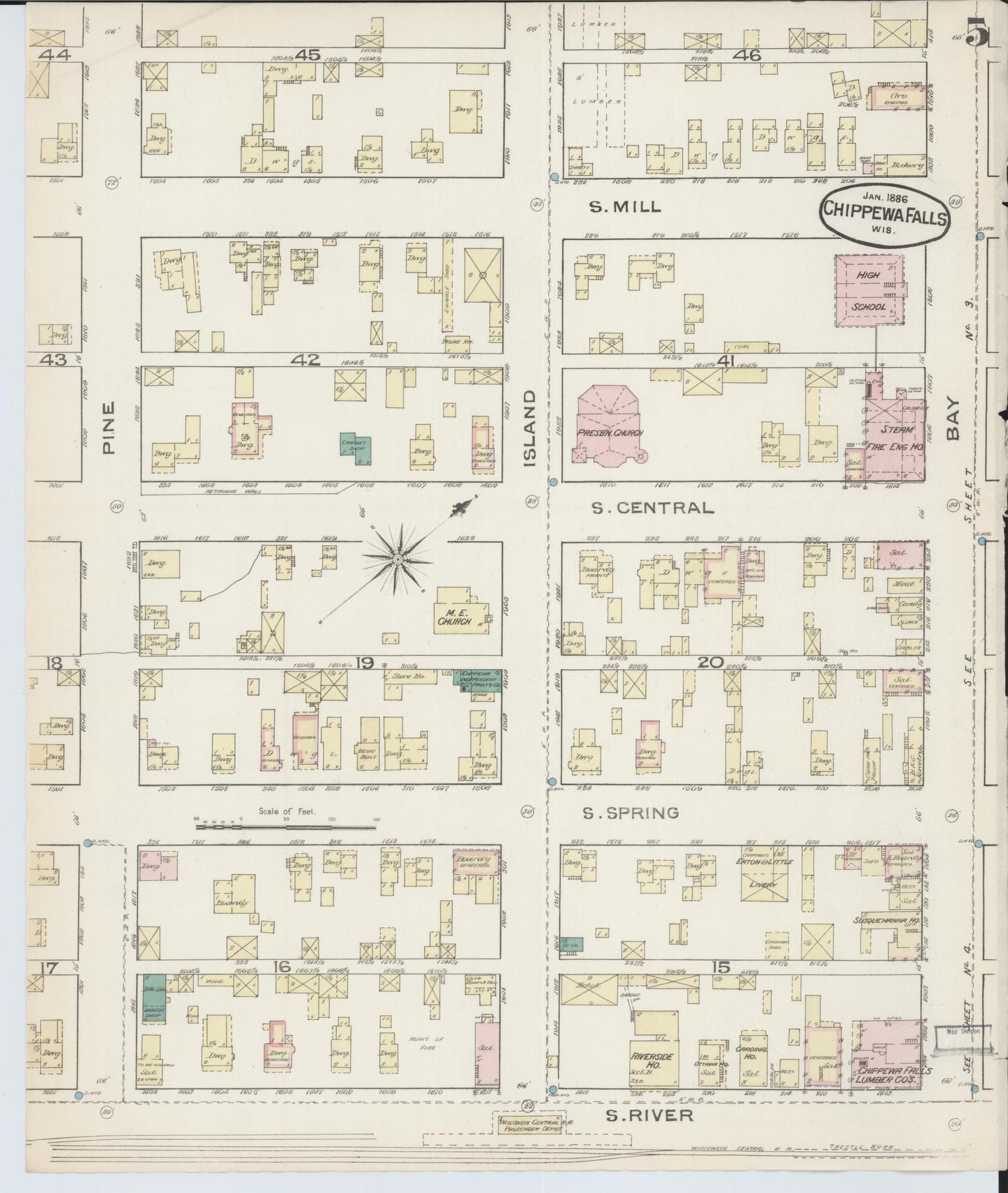 Sanborn Fire Insurance Map from Chippewa Falls, Chippewa County, Wisconsin (1886), Sheet #0005 - Historic Sanborn Fire Insurance Map Print, vintage old map wall art, antique decor, genealogy gift, Wisconsin Wisconsin map