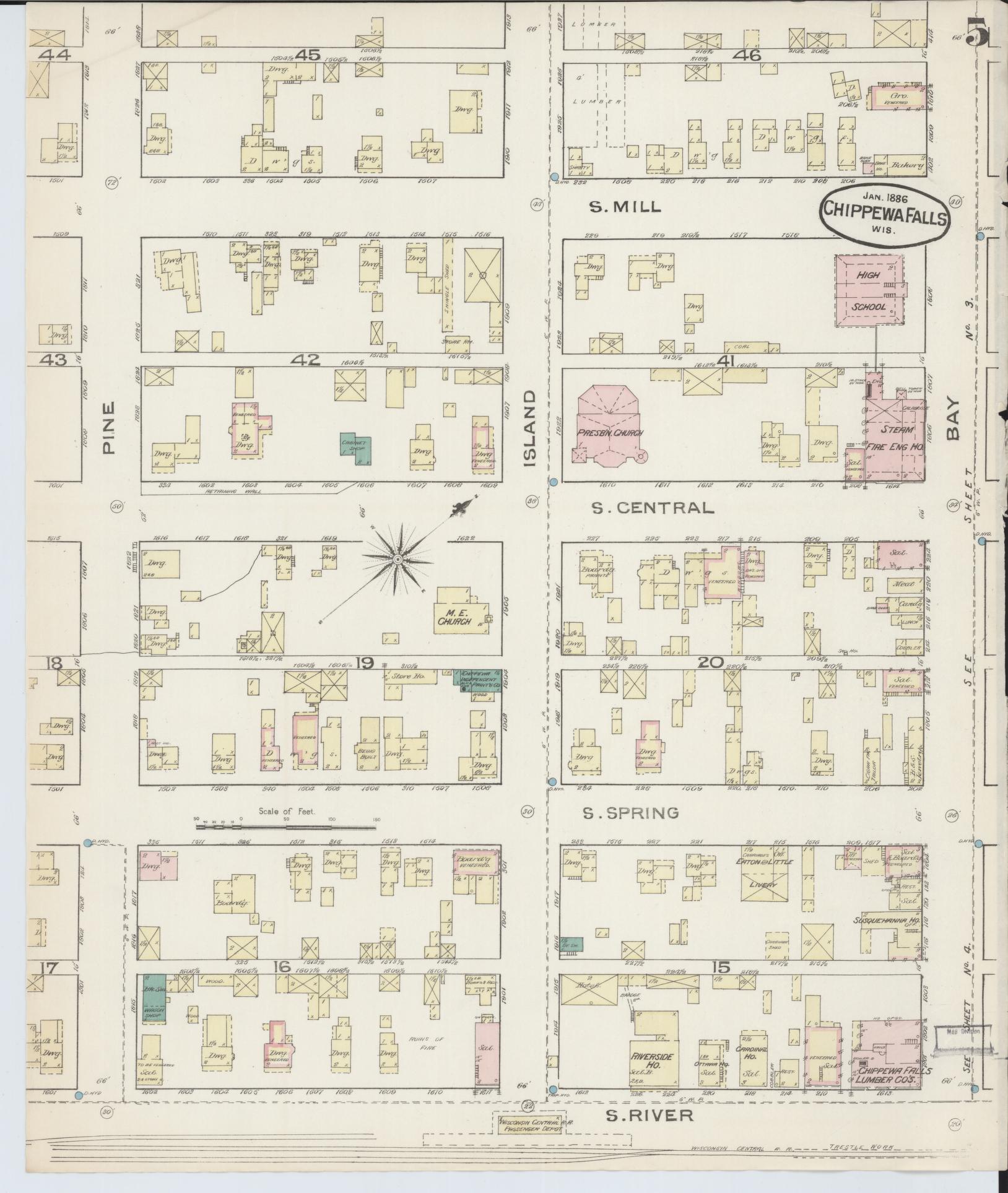 Sanborn Fire Insurance Map from Chippewa Falls, Chippewa County, Wisconsin (1886), Sheet #0005 - Historic Sanborn Fire Insurance Map Print, vintage old map wall art, antique decor, genealogy gift, Wisconsin Wisconsin map