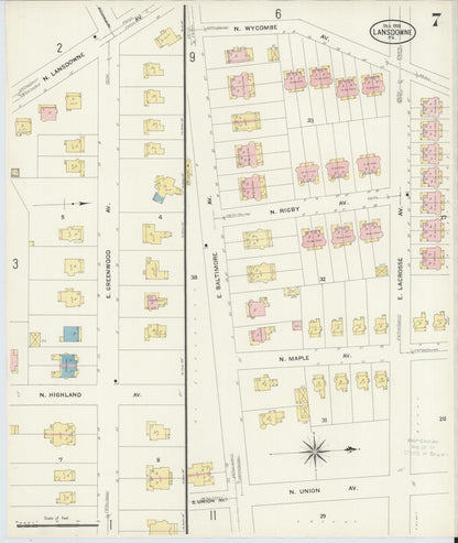 Sanborn Fire Insurance Map from Lansdowne, Delaware County, Pennsylvania (1908), Sheet #0007 - Historic Sanborn Fire Insurance Map Print, vintage old map wall art, antique decor, genealogy gift, Pennsylvania Pennsylvania map