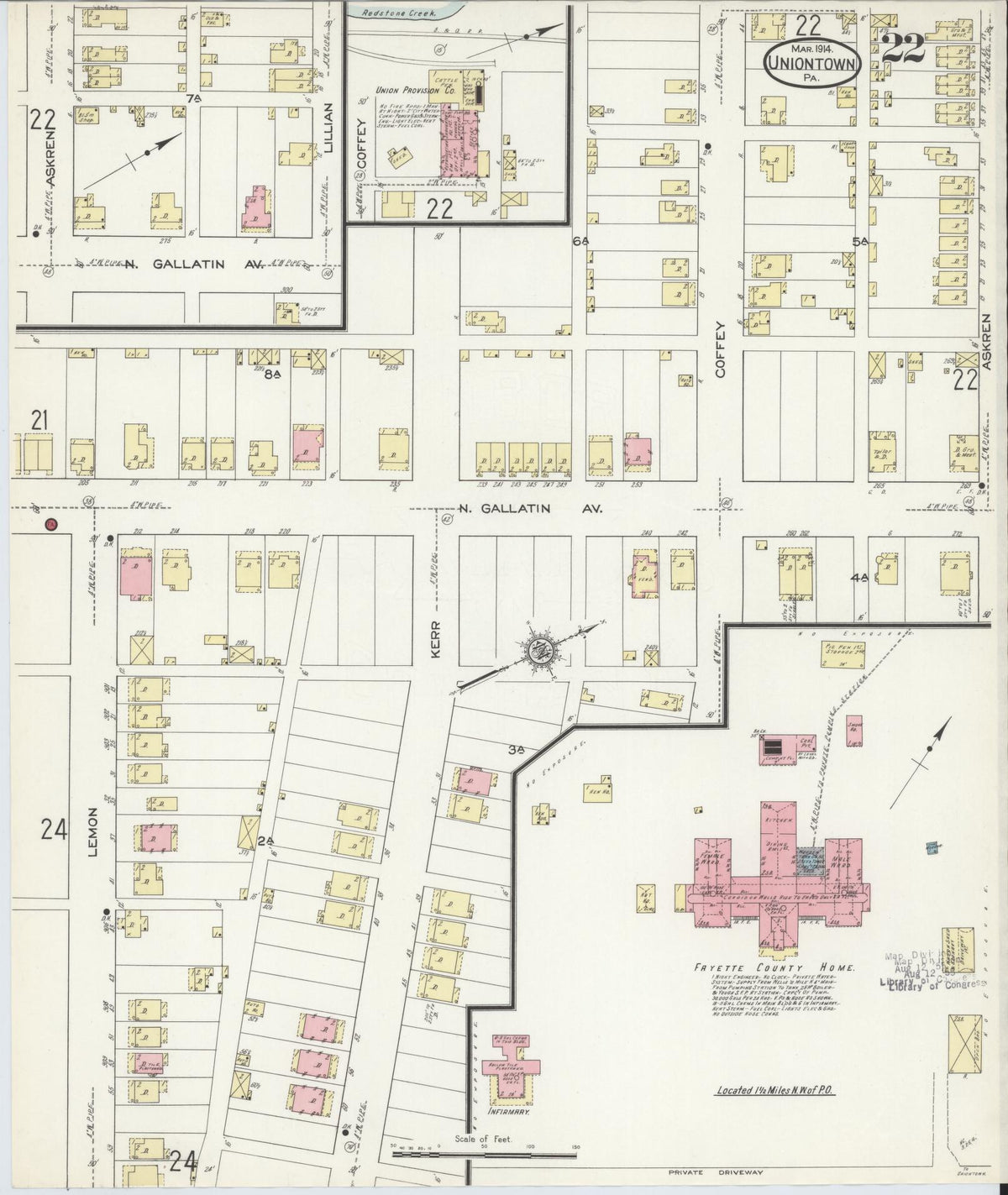 Sanborn Fire Insurance Map from Uniontown, Fayette County, Pennsylvania (1914), Sheet #0022 - Historic Sanborn Fire Insurance Map Print, vintage old map wall art, antique decor, genealogy gift, Pennsylvania Pennsylvania map