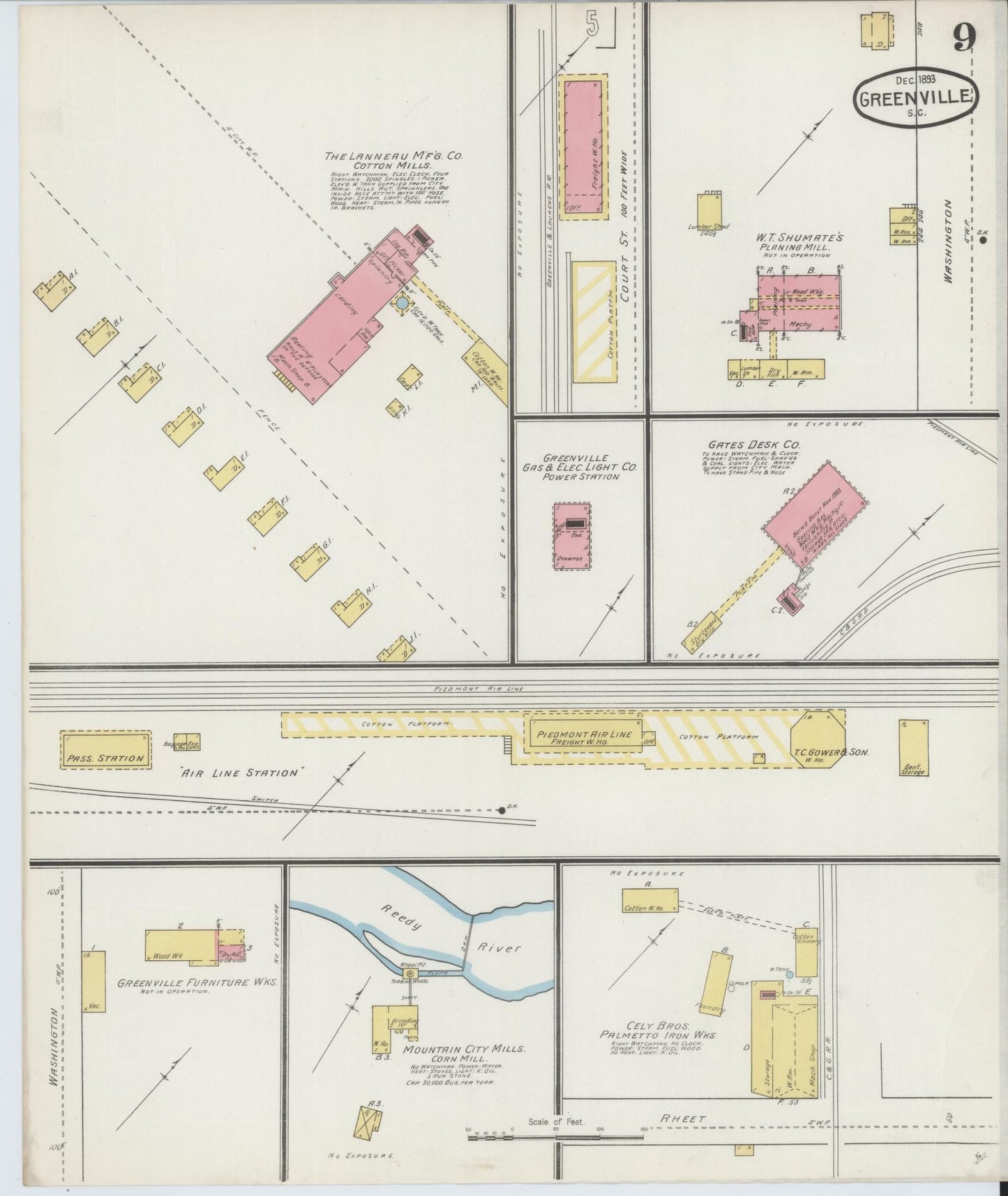 Sanborn Fire Insurance Map from Greenville, Greenville County, South Carolina (1893), Sheet #0009 - Historic Sanborn Fire Insurance Map Print, vintage old map wall art, antique decor, genealogy gift, South Carolina South Carolina map