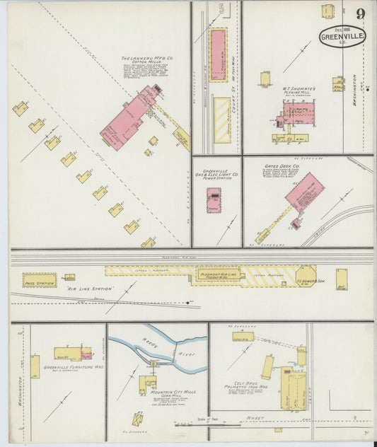 Sanborn Fire Insurance Map from Greenville, Greenville County, South Carolina (1893), Sheet #0009 - Historic Sanborn Fire Insurance Map Print, vintage old map wall art, antique decor, genealogy gift, South Carolina South Carolina map
