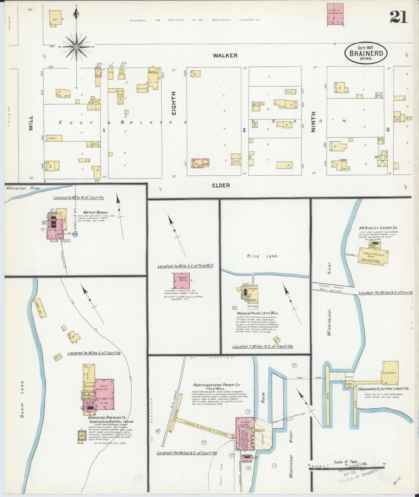 Sanborn Fire Insurance Map from Brainerd, Crow Wing County, Minnesota (1907), Sheet #0021 - Historic Sanborn Fire Insurance Map Print, vintage old map wall art, antique decor, genealogy gift, Minnesota Minnesota map