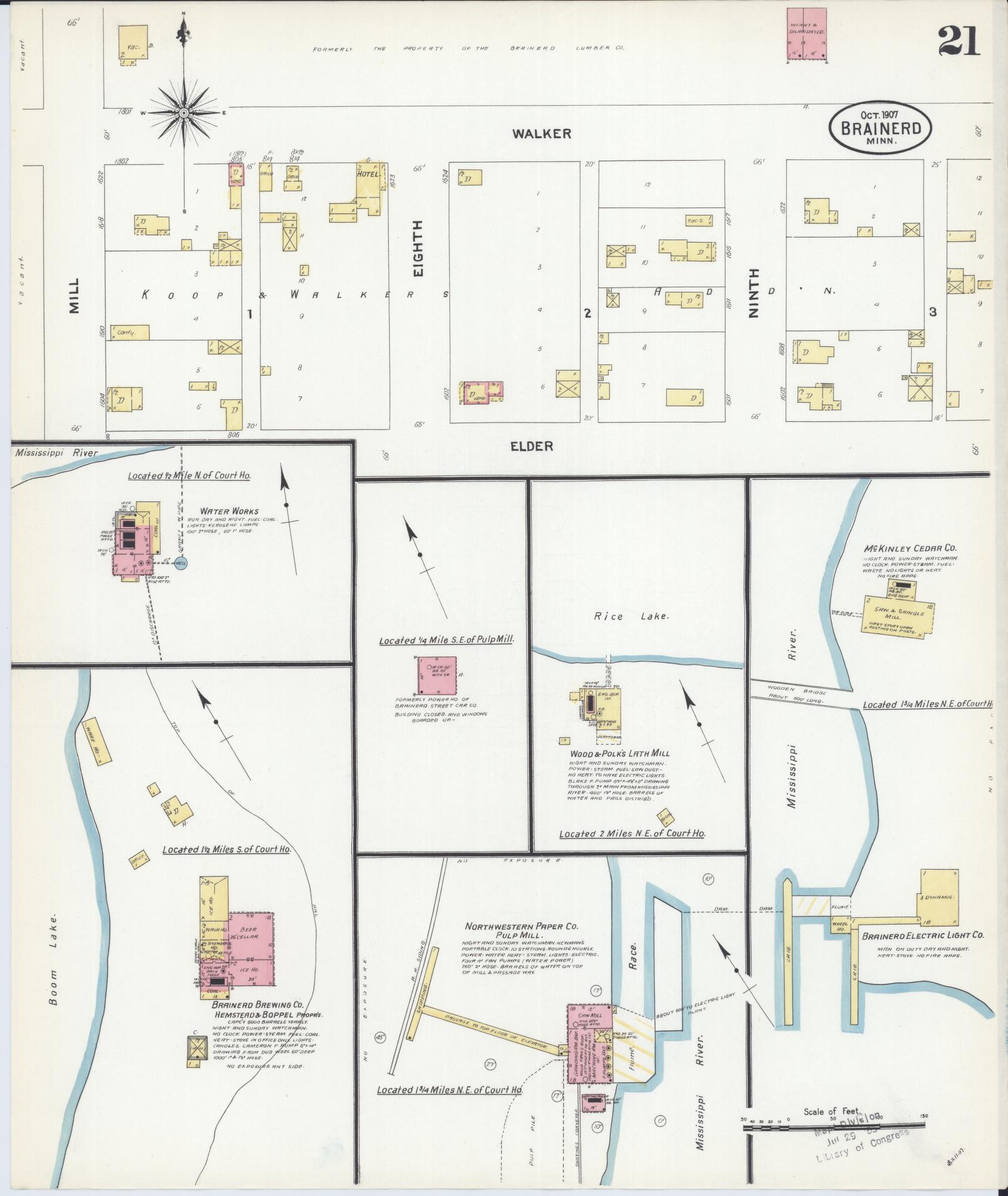 Sanborn Fire Insurance Map from Brainerd, Crow Wing County, Minnesota (1907), Sheet #0021 - Historic Sanborn Fire Insurance Map Print, vintage old map wall art, antique decor, genealogy gift, Minnesota Minnesota map