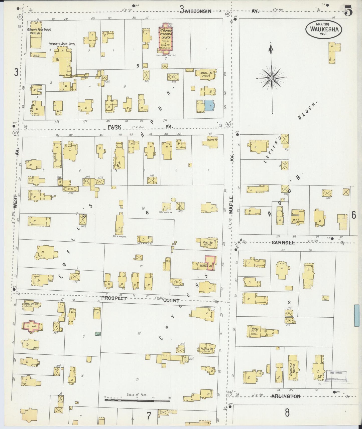 Sanborn Fire Insurance Map from Waukesha, Waukesha County, Wisconsin (1901), Sheet #0005 - Complete Map Set gallery image, historic Sanborn map, vintage wall art, Wisconsin Wisconsin