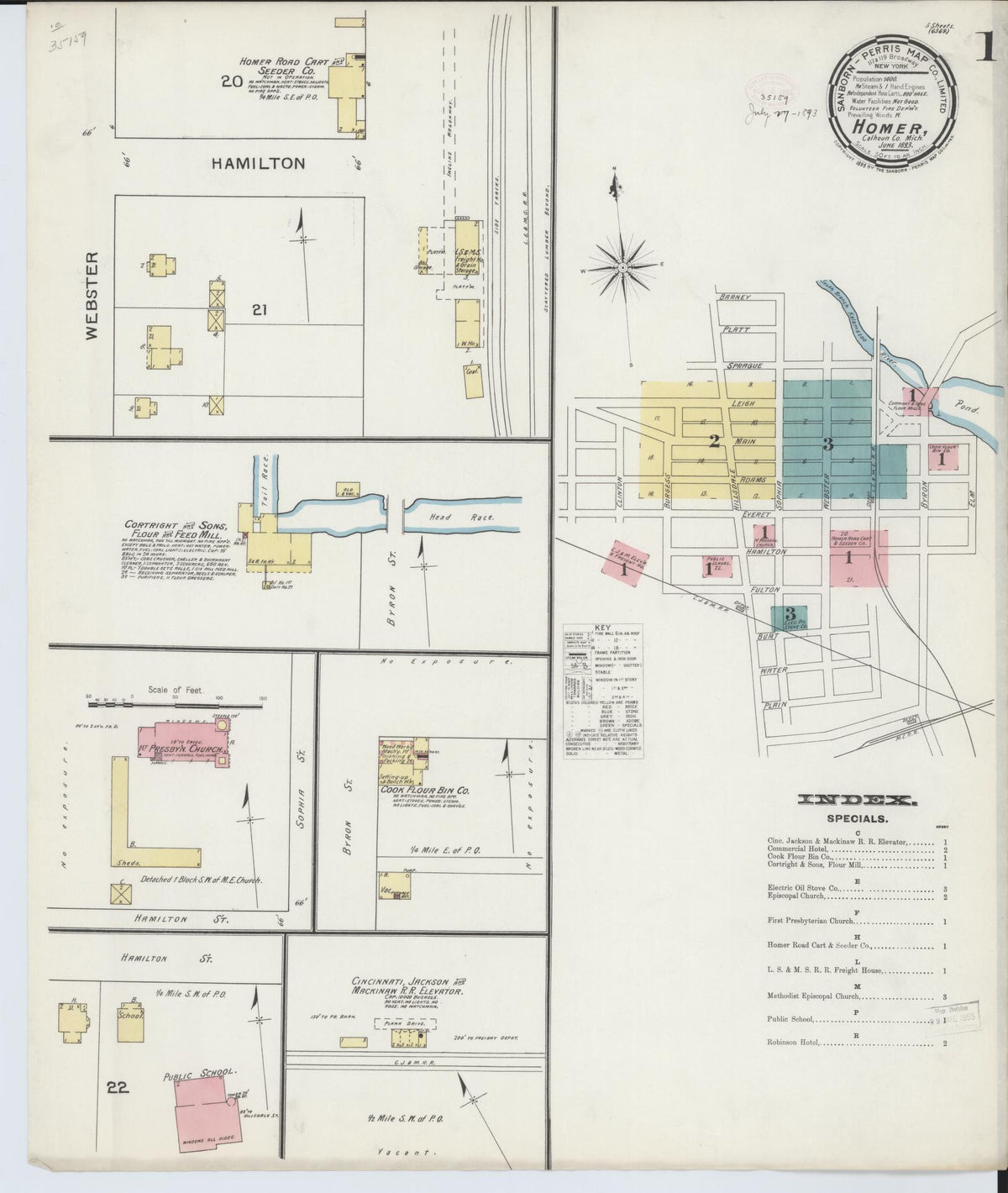 Sanborn Fire Insurance Map from Homer, Calhoun County, Michigan (1893), Sheet #0001 - Historic Sanborn Fire Insurance Map Print, vintage old map wall art, antique decor, genealogy gift, Michigan Michigan map