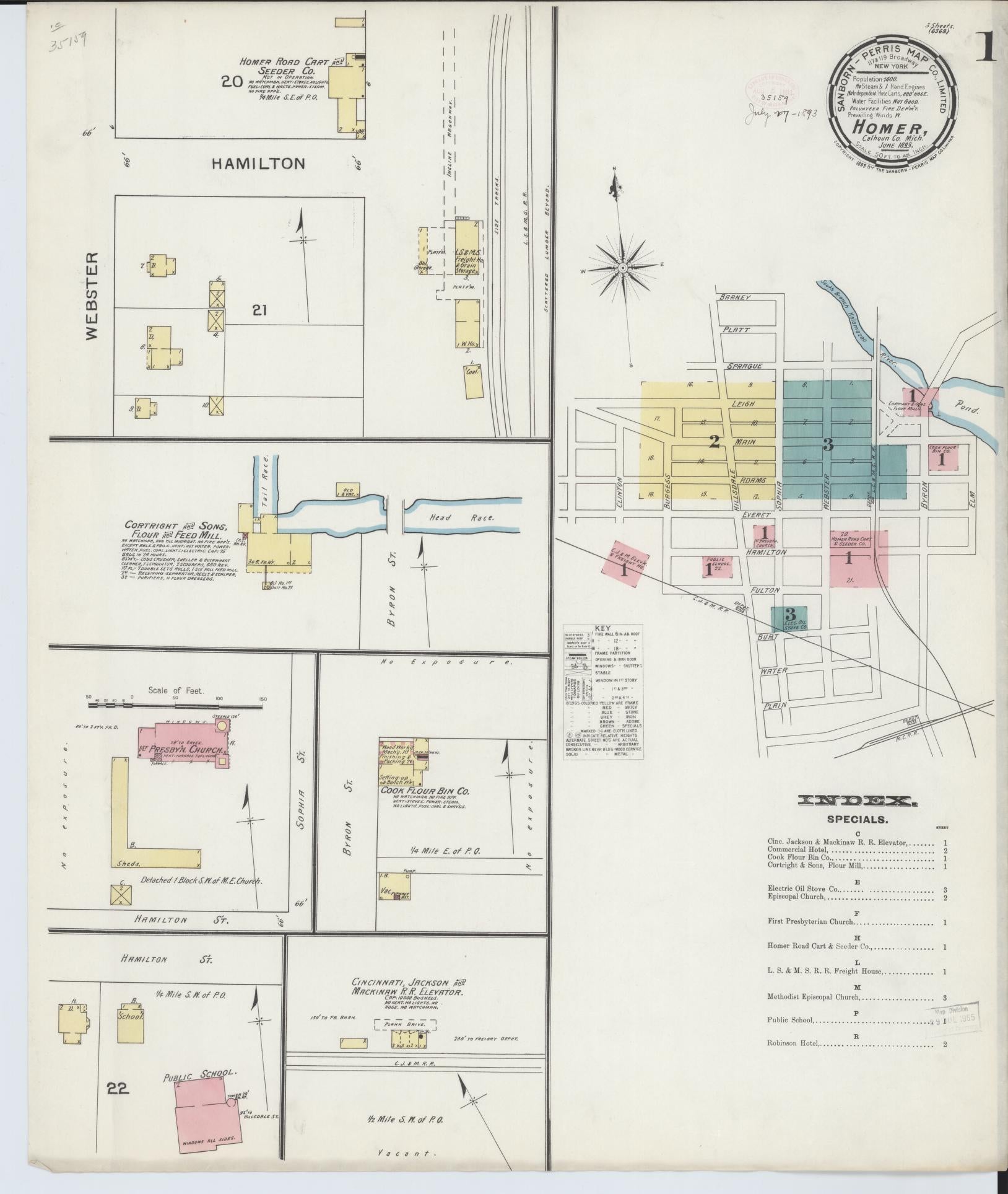 Sanborn Fire Insurance Map from Homer, Calhoun County, Michigan (1893), Sheet #0001 - Historic Sanborn Fire Insurance Map Print, vintage old map wall art, antique decor, genealogy gift, Michigan Michigan map