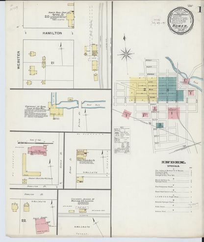 Sanborn Fire Insurance Map from Homer, Calhoun County, Michigan (1893), Sheet #0001 - Historic Sanborn Fire Insurance Map Print, vintage old map wall art, antique decor, genealogy gift, Michigan Michigan map