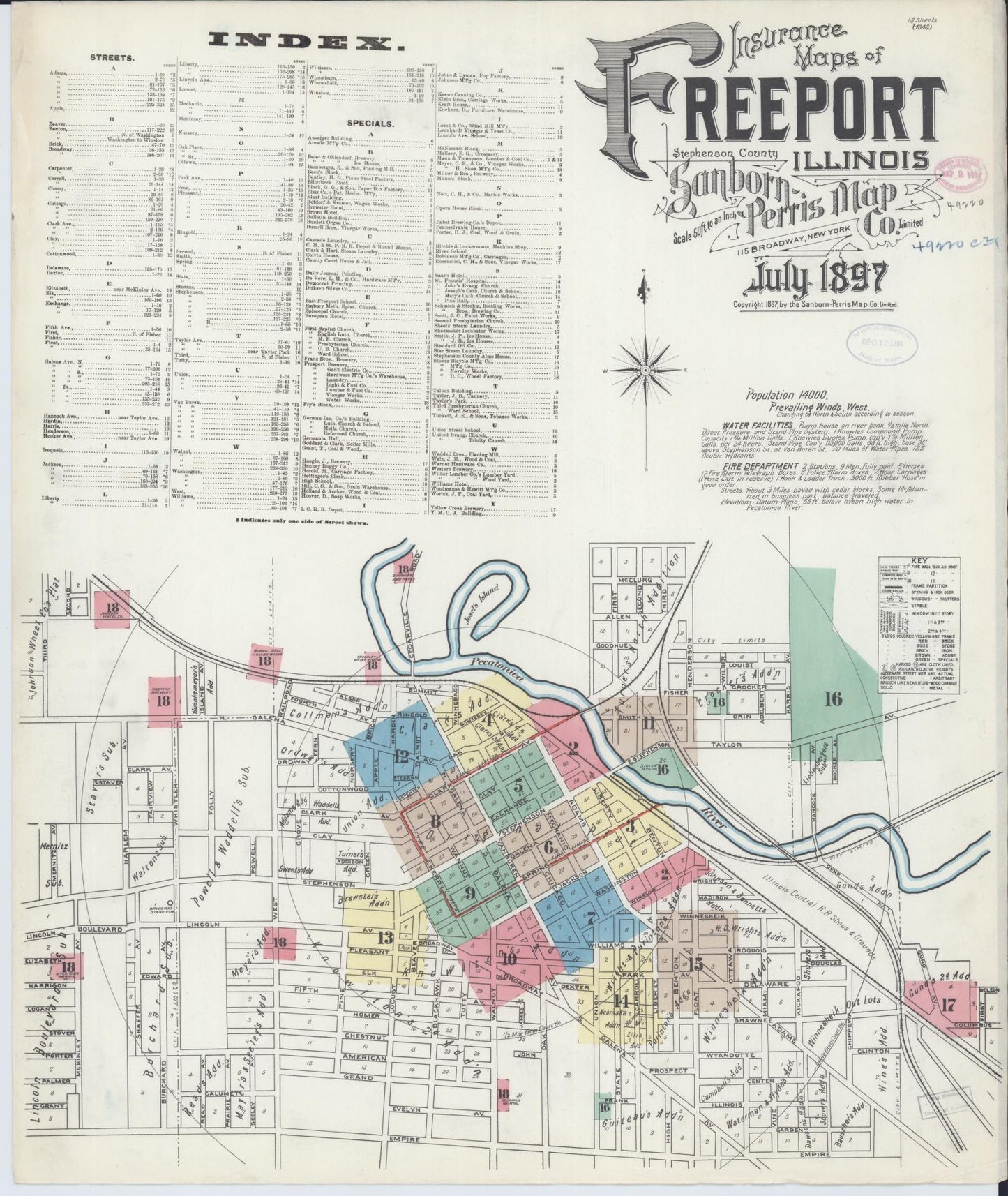 Sanborn Fire Insurance Map from Freeport, Stephenson County, Illinois (1897), Sheet #0001 - Historic Sanborn Fire Insurance Map Print, vintage old map wall art, antique decor, genealogy gift, Illinois Illinois map