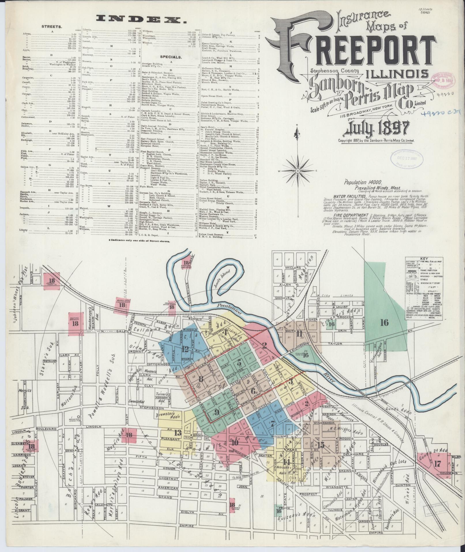 Sanborn Fire Insurance Map from Freeport, Stephenson County, Illinois (1897), Sheet #0001 - Historic Sanborn Fire Insurance Map Print, vintage old map wall art, antique decor, genealogy gift, Illinois Illinois map