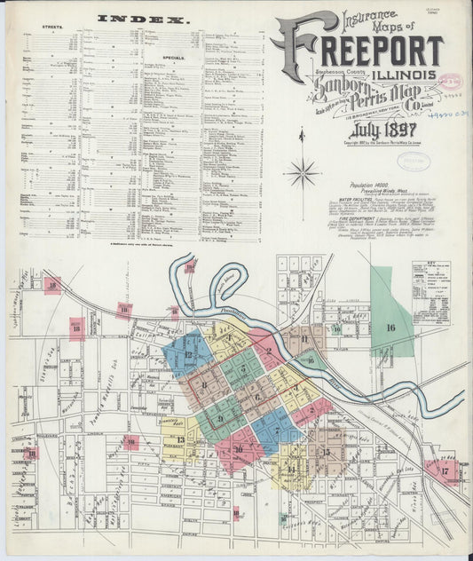 Sanborn Fire Insurance Map from Freeport, Stephenson County, Illinois (1897), Sheet #0001 - Historic Sanborn Fire Insurance Map Print, vintage old map wall art, antique decor, genealogy gift, Illinois Illinois map