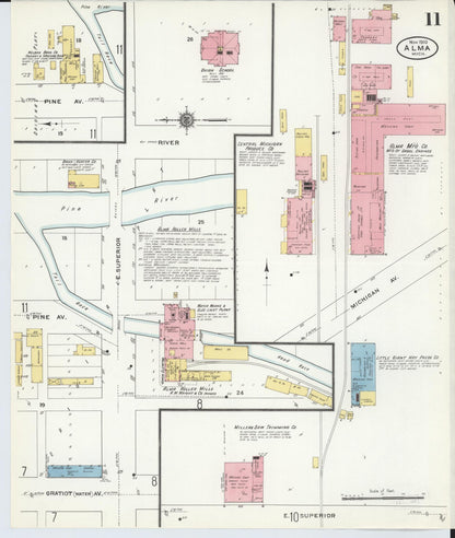 Sanborn Fire Insurance Map from Alma, Gratiot County, Michigan (1910), Sheet #0011 - Complete Map Set gallery image, historic Sanborn map, vintage wall art, Michigan Michigan