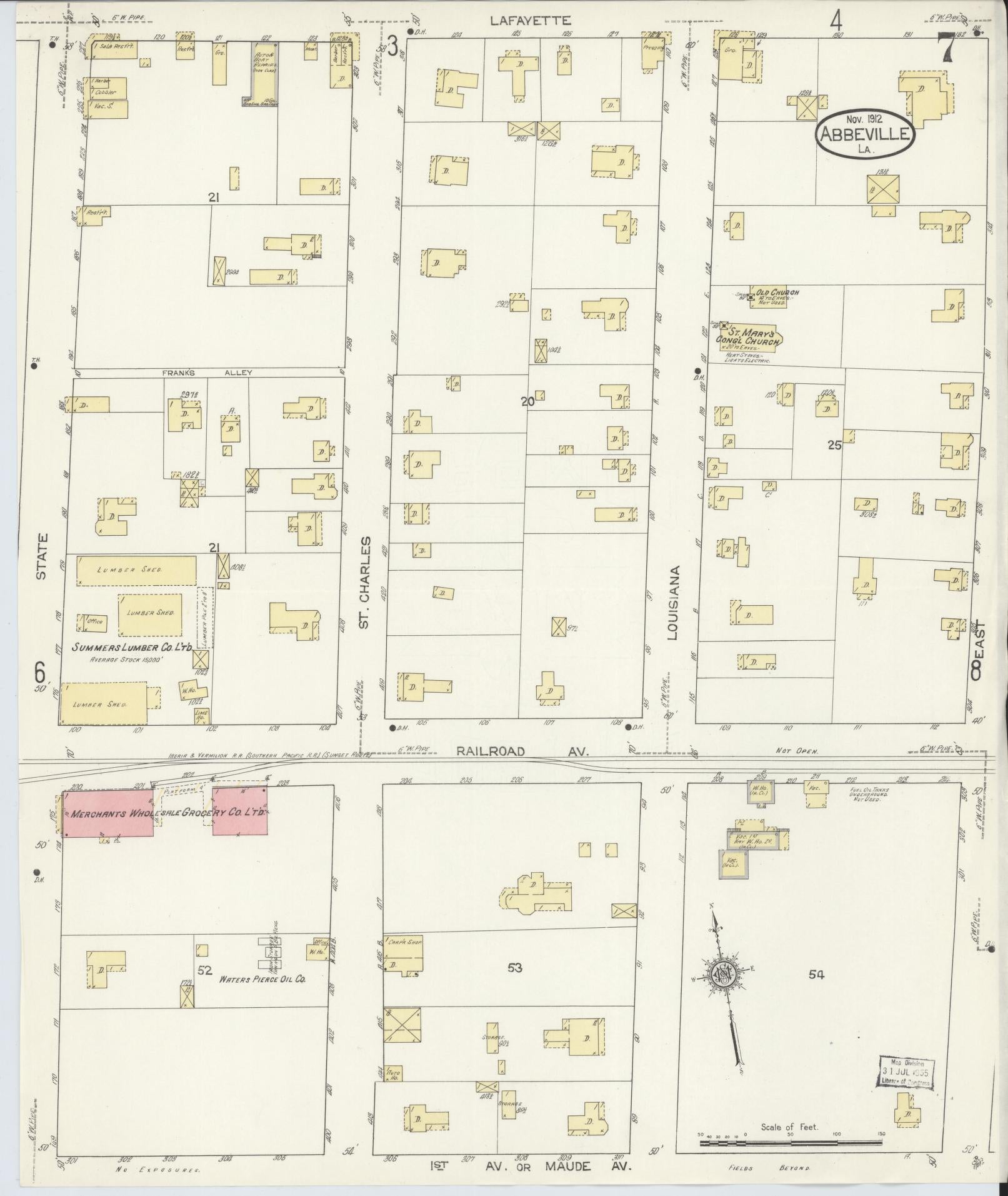 Sanborn Fire Insurance Map from Abbeville, Vermilion Parish, Louisiana (1912), Sheet #0007 - Historic Sanborn Fire Insurance Map Print, vintage old map wall art, antique decor, genealogy gift, Louisiana Louisiana map