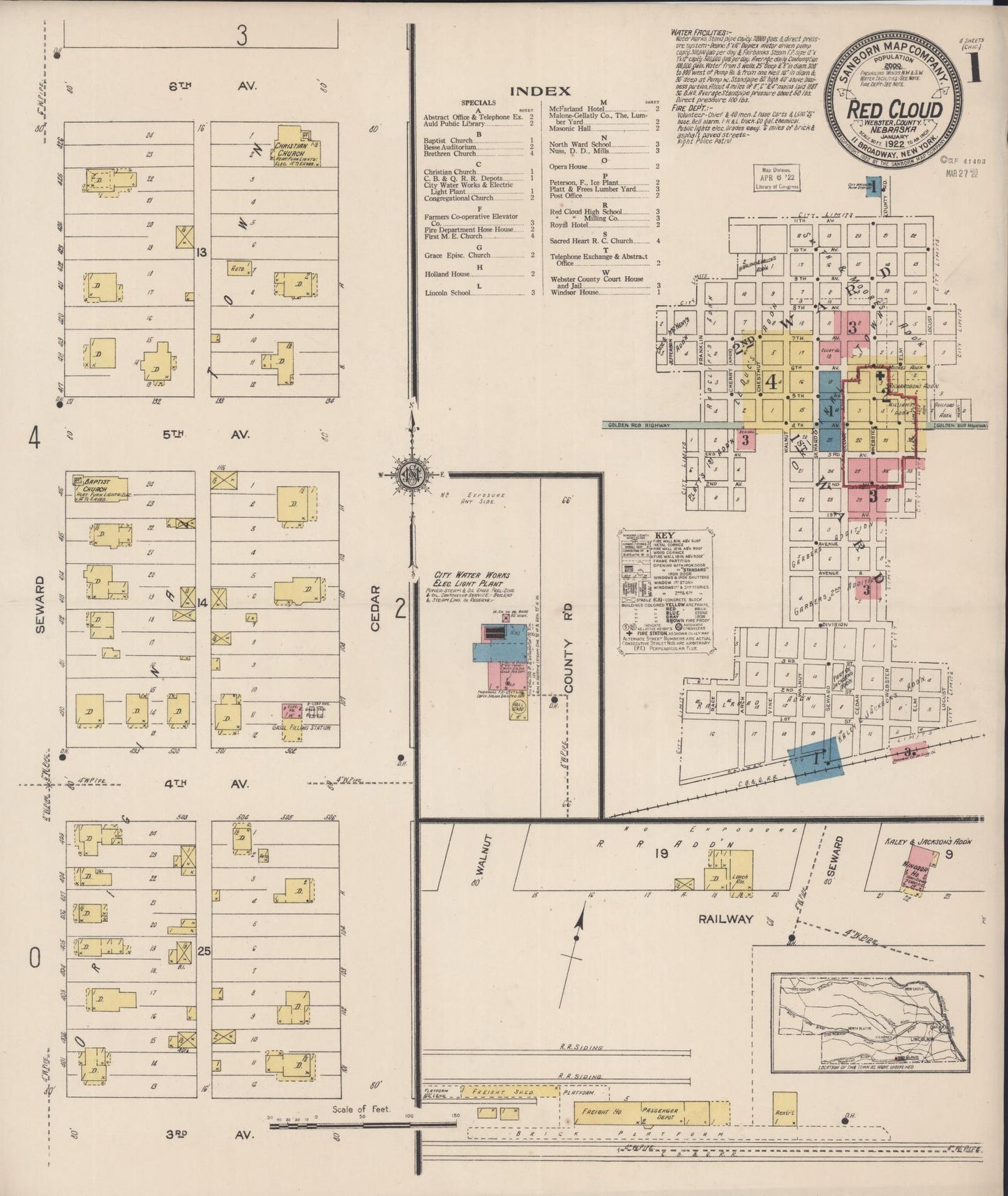 Sanborn Fire Insurance Map from Red Cloud, Webster County, Nebraska (1922), Sheet #0001 - Complete Map Set gallery image, historic Sanborn map, vintage wall art, Nebraska Nebraska
