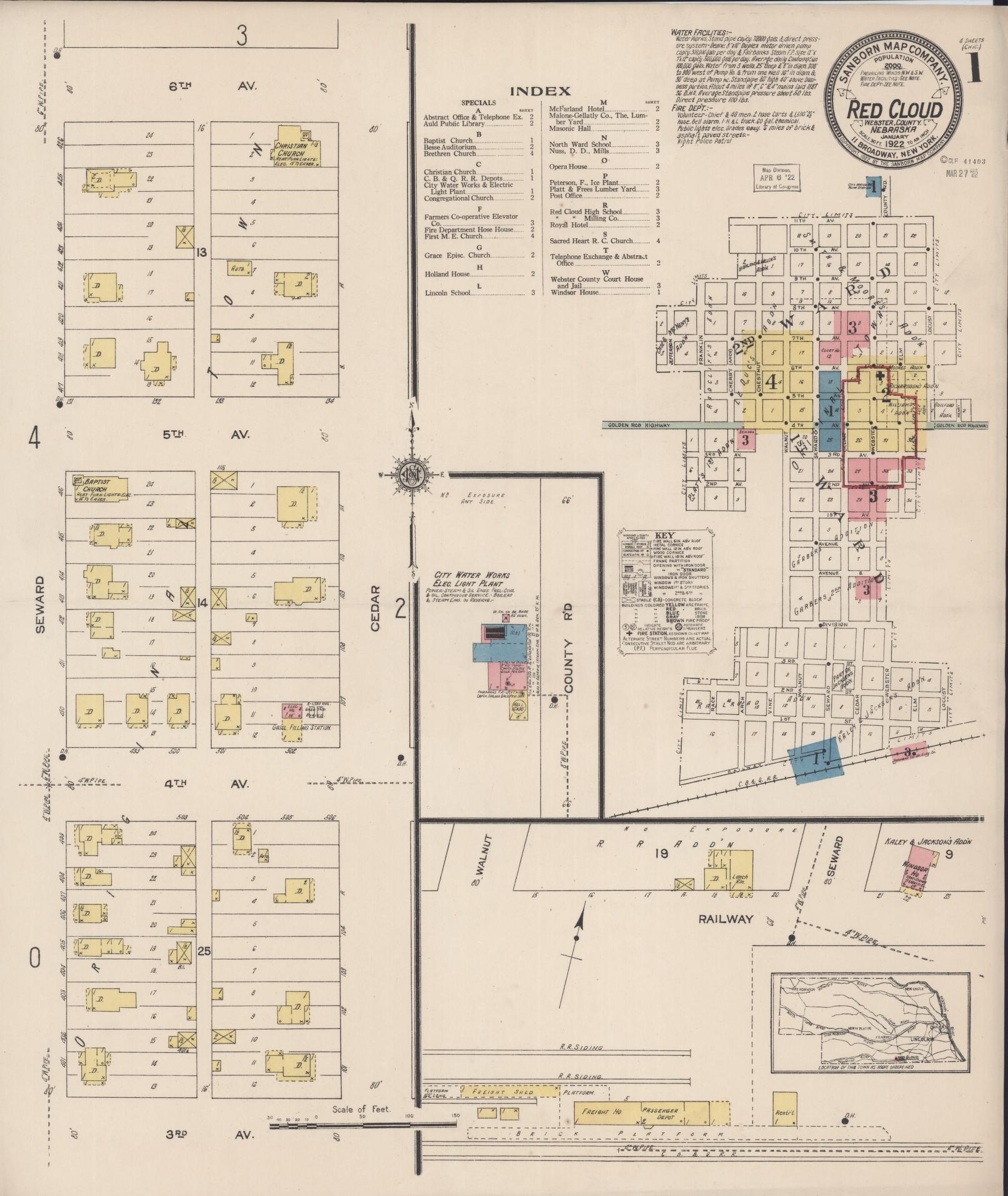 Sanborn Fire Insurance Map from Red Cloud, Webster County, Nebraska (1922), Sheet #0001 - Complete Map Set gallery image, historic Sanborn map, vintage wall art, Nebraska Nebraska
