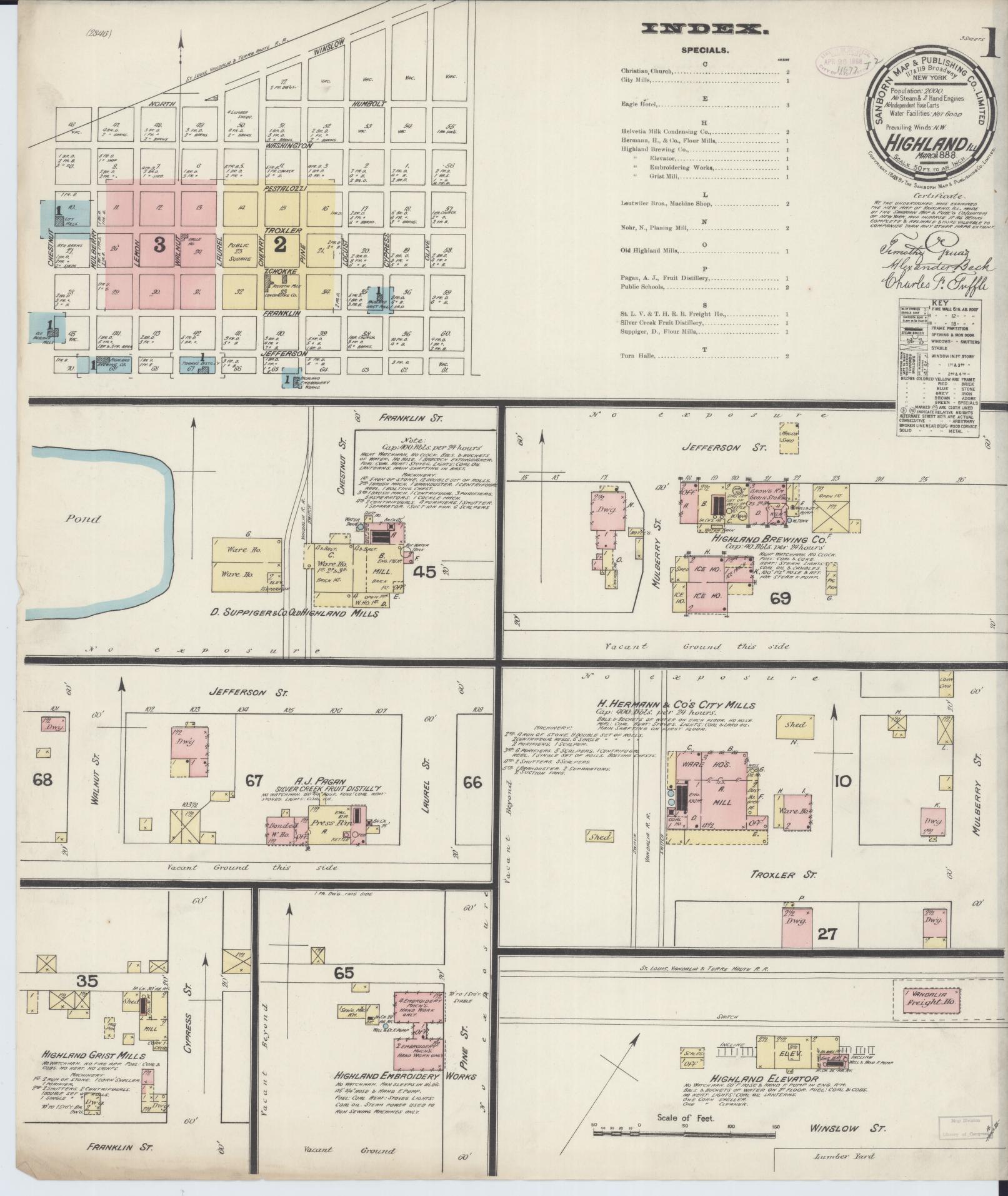 Sanborn Fire Insurance Map from Highland, Madison County, Illinois (1888), Sheet #0001 - Historic Sanborn Fire Insurance Map Print, vintage old map wall art, antique decor, genealogy gift, Illinois Illinois map