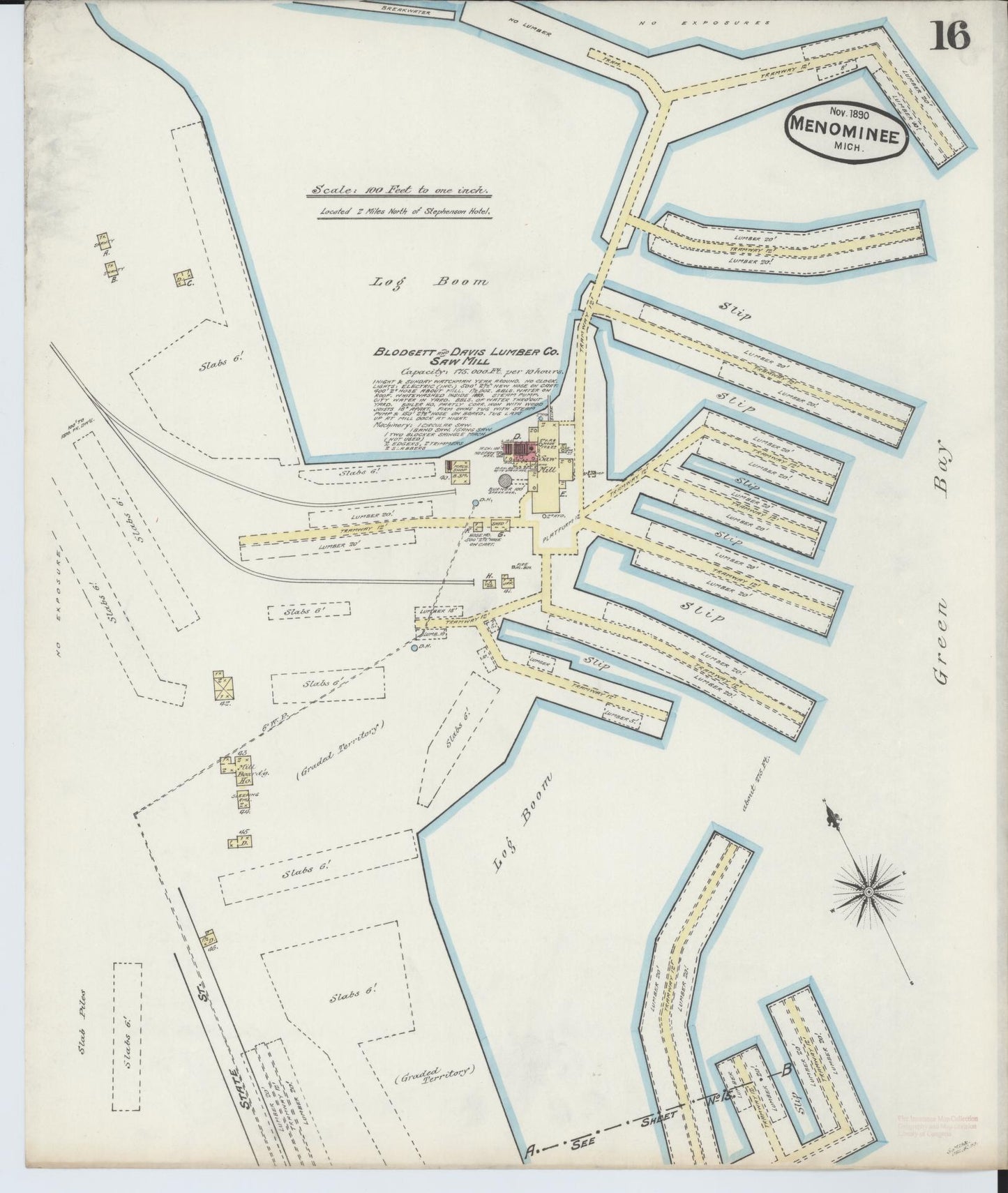 Sanborn Fire Insurance Map from Menominee, Menominee County, Michigan (1890), Sheet #0016 - Historic Sanborn Fire Insurance Map Print, vintage old map wall art, antique decor, genealogy gift, Michigan Michigan map