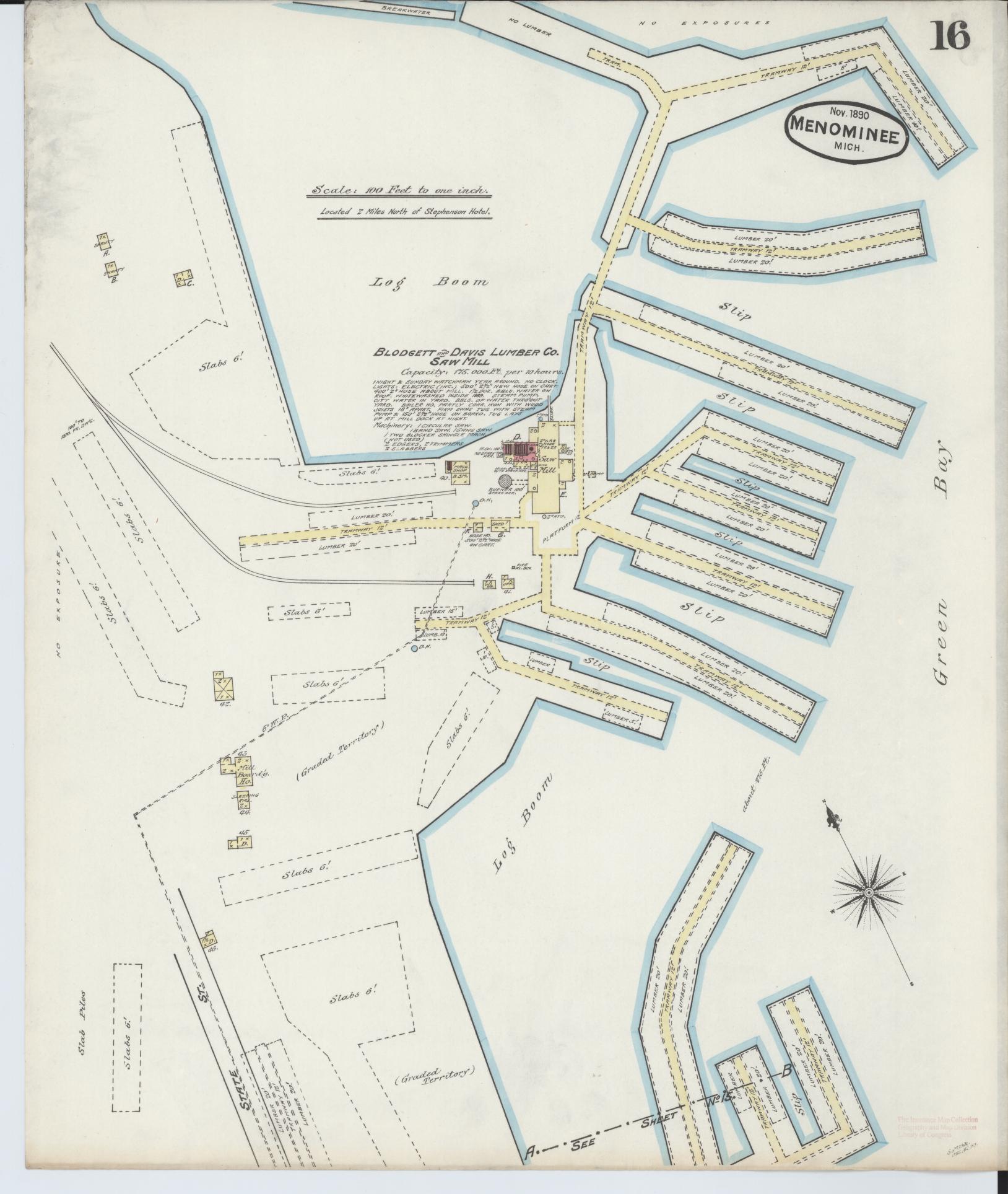Sanborn Fire Insurance Map from Menominee, Menominee County, Michigan (1890), Sheet #0016 - Historic Sanborn Fire Insurance Map Print, vintage old map wall art, antique decor, genealogy gift, Michigan Michigan map